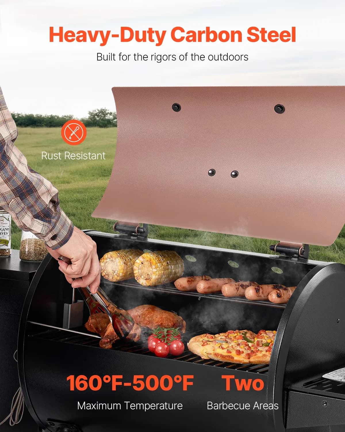 Premium Smoker with Rust Resistant, 8 in 1 BBQ Grills, Wood Pellet Grill - Carbon Steel Black Model 1BFBE4