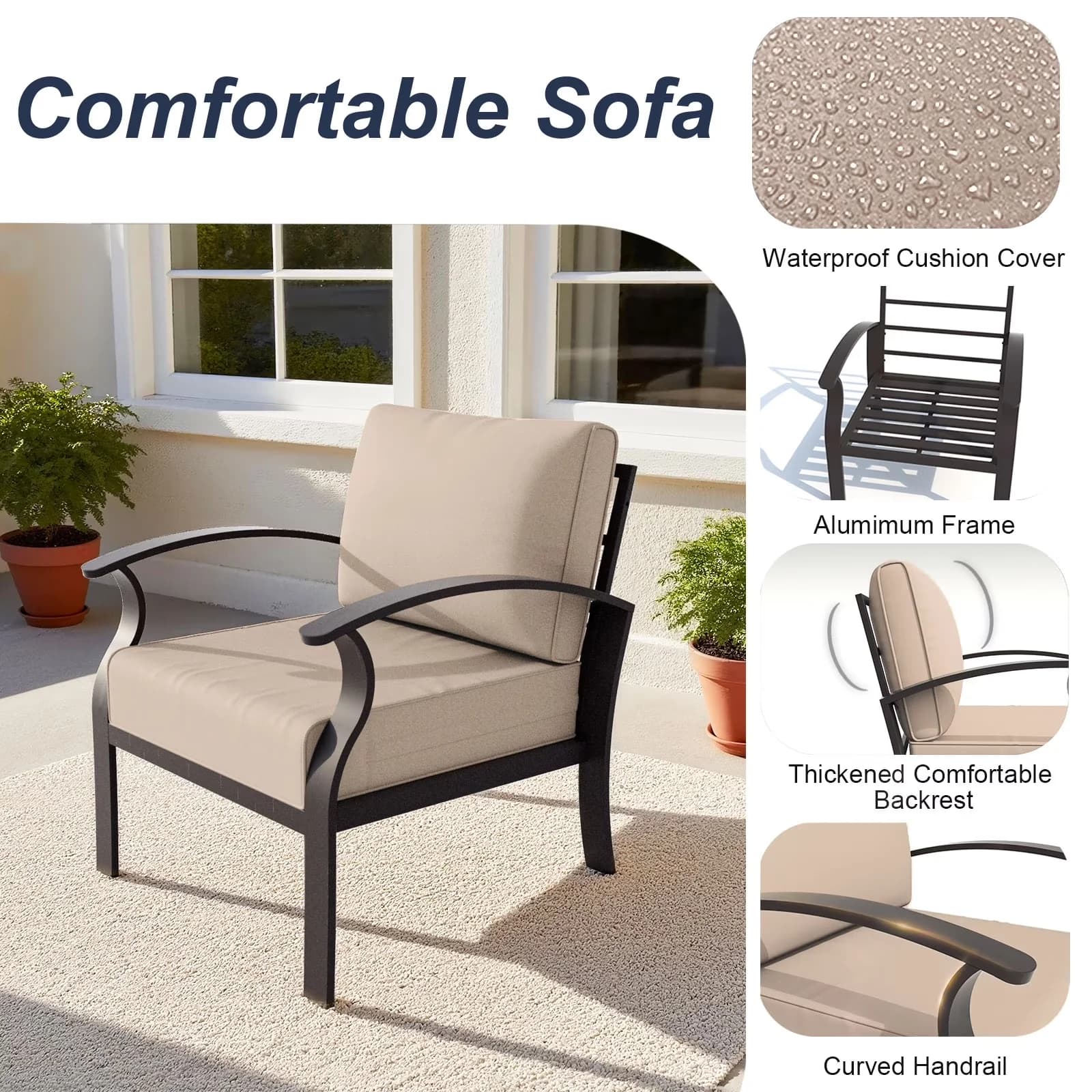 Reliable Patio Conversation Set with Weatherproof, Aluminum 5 Pieces Furniture, 1 Three-Seater Sofa & 2 Single Sofas - Aluminum Beige... Model F199D6