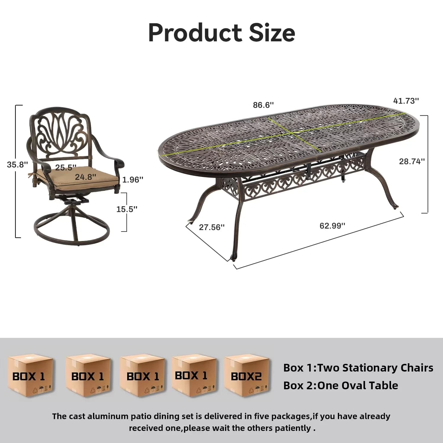 Premium Patio Dining Set with Weatherproof, Metal Swivel Chairs of 8, 1.96" Umbrella Hole - Bronze Cast Aluminum Model 59702F