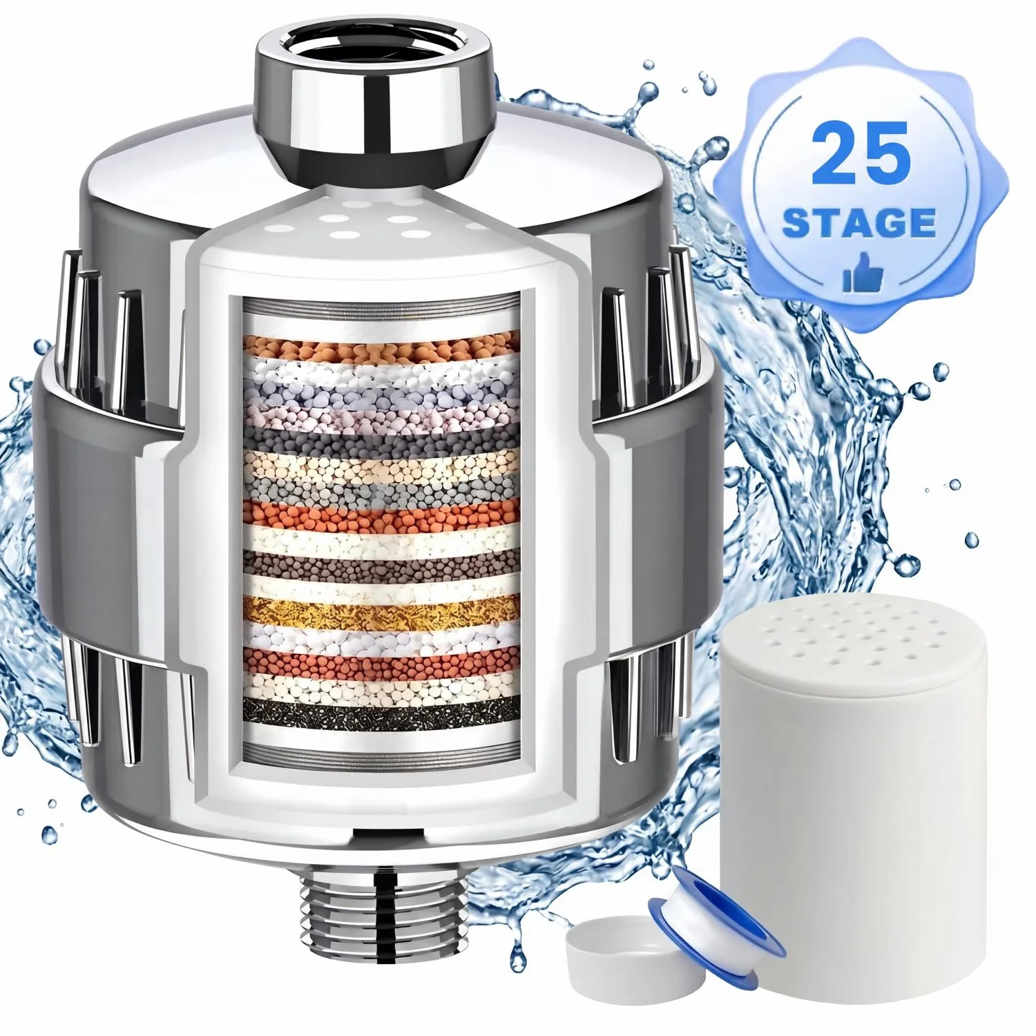 Shower Head Efficient with Adjustable, Filter 25 Stages High Output, 2 Replaceable Filter Cartridges - Silver Stainless Model C4BC5E