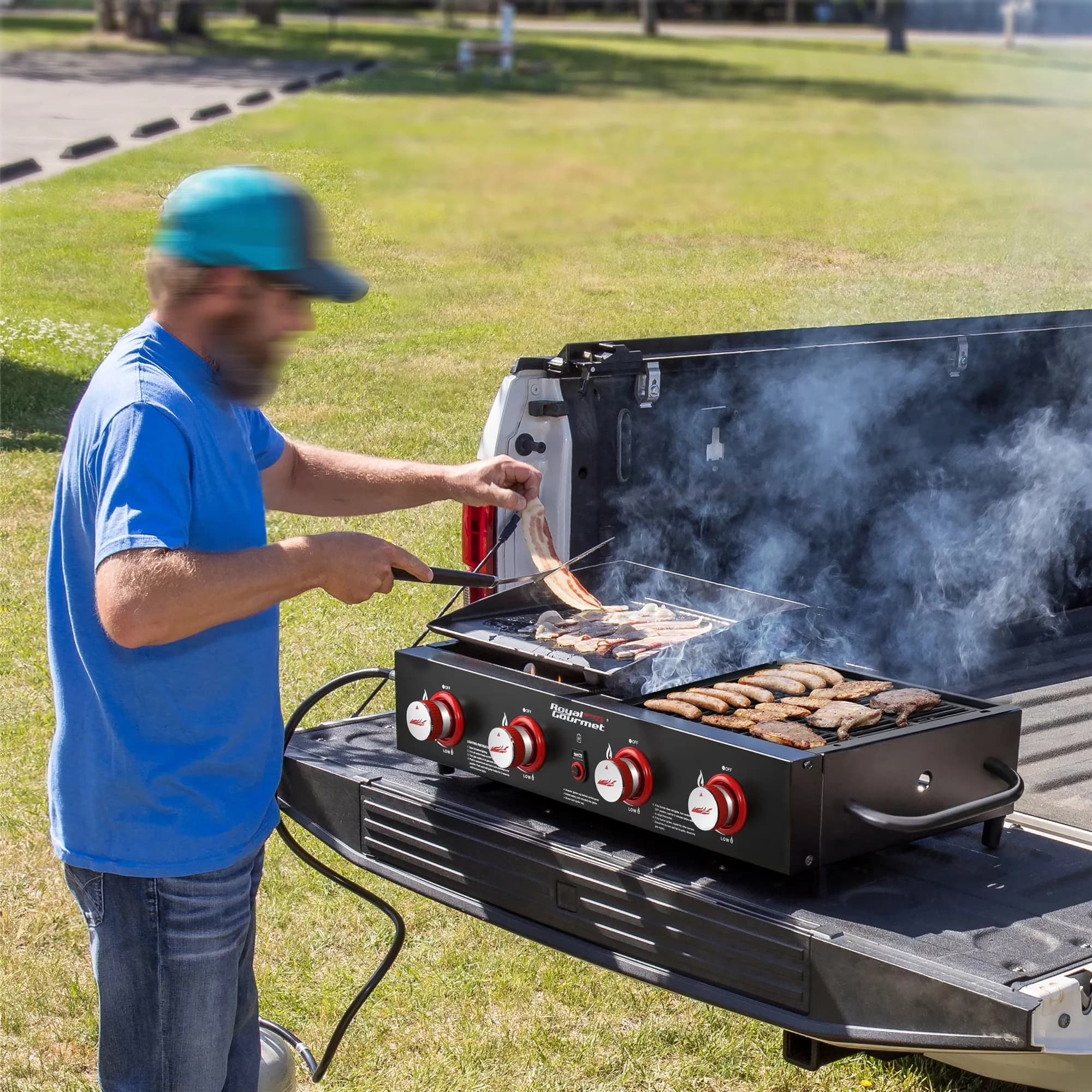 Professional Gas Grill with 40000 BTU, Portable, 4-Burner Portable and Griddle Combo - Stainless Steel Model F1D6CE