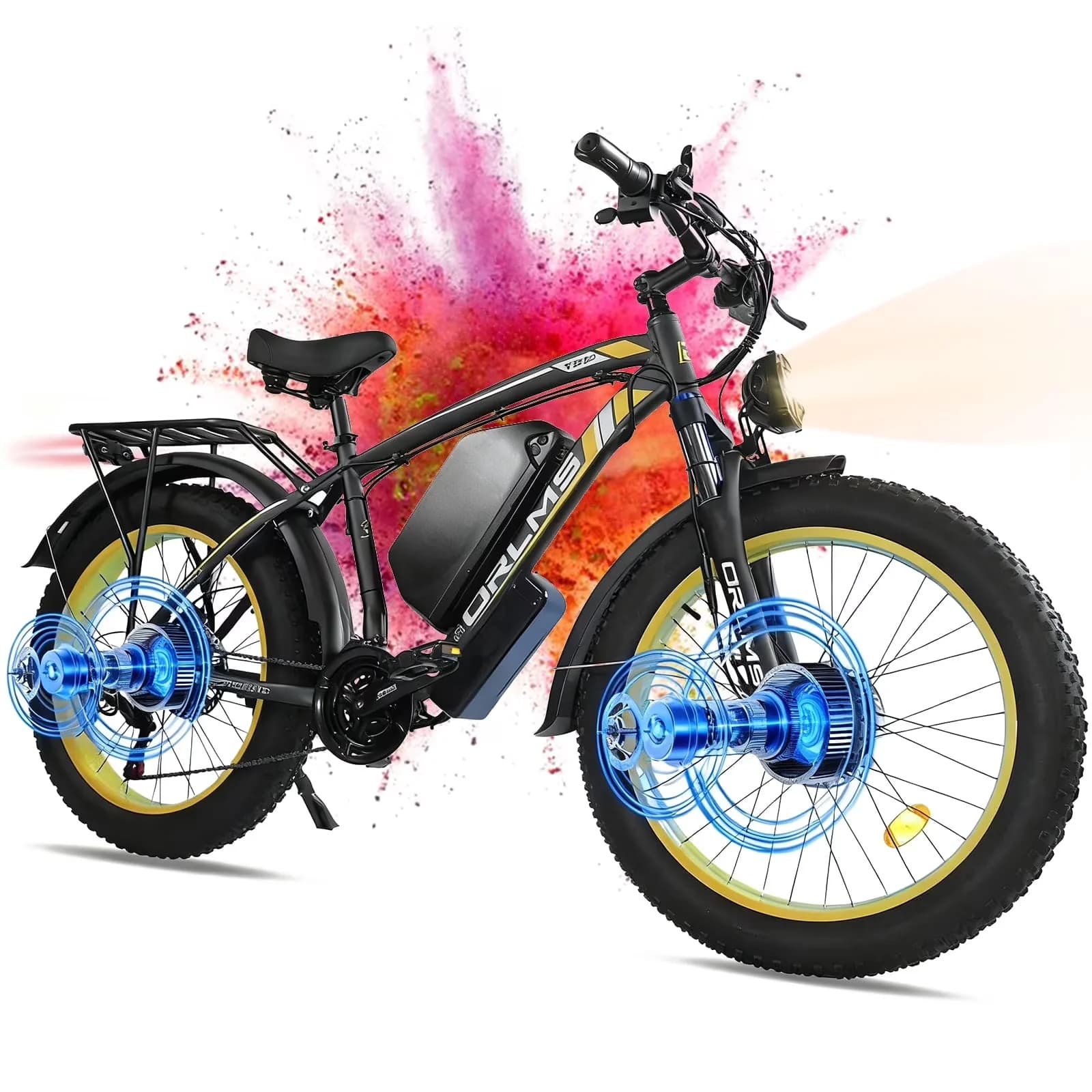 Sleek Electric Bike with Battery, 5000W, 5000W Peak Dual Motor E-Bike - Yellow Model D24E67