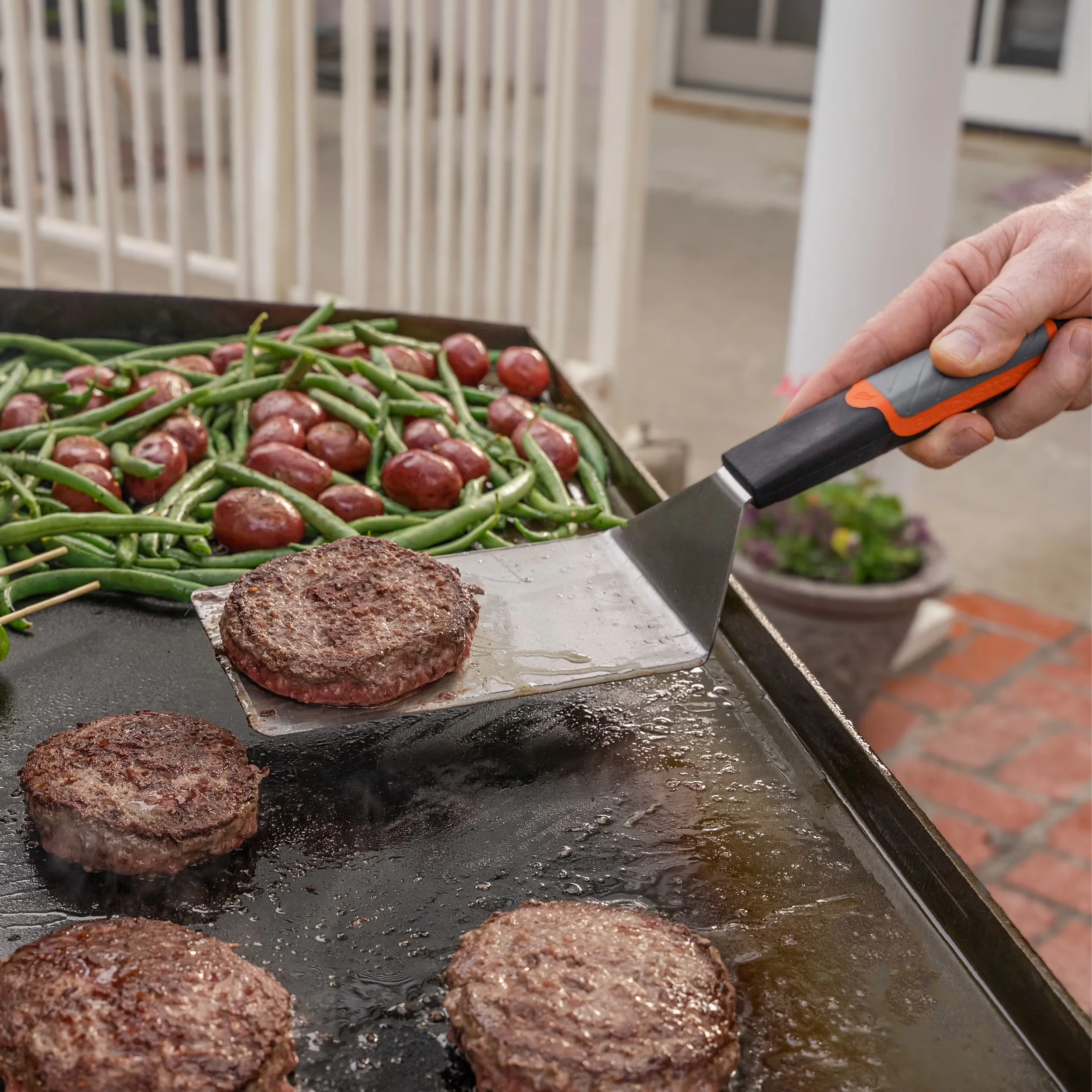 Flat Top Grill Essential with Ergonomic slip-resistant grip handle, 2-Pack, Bottle-opener handle - Stainless Steel Black Model 4D77F4