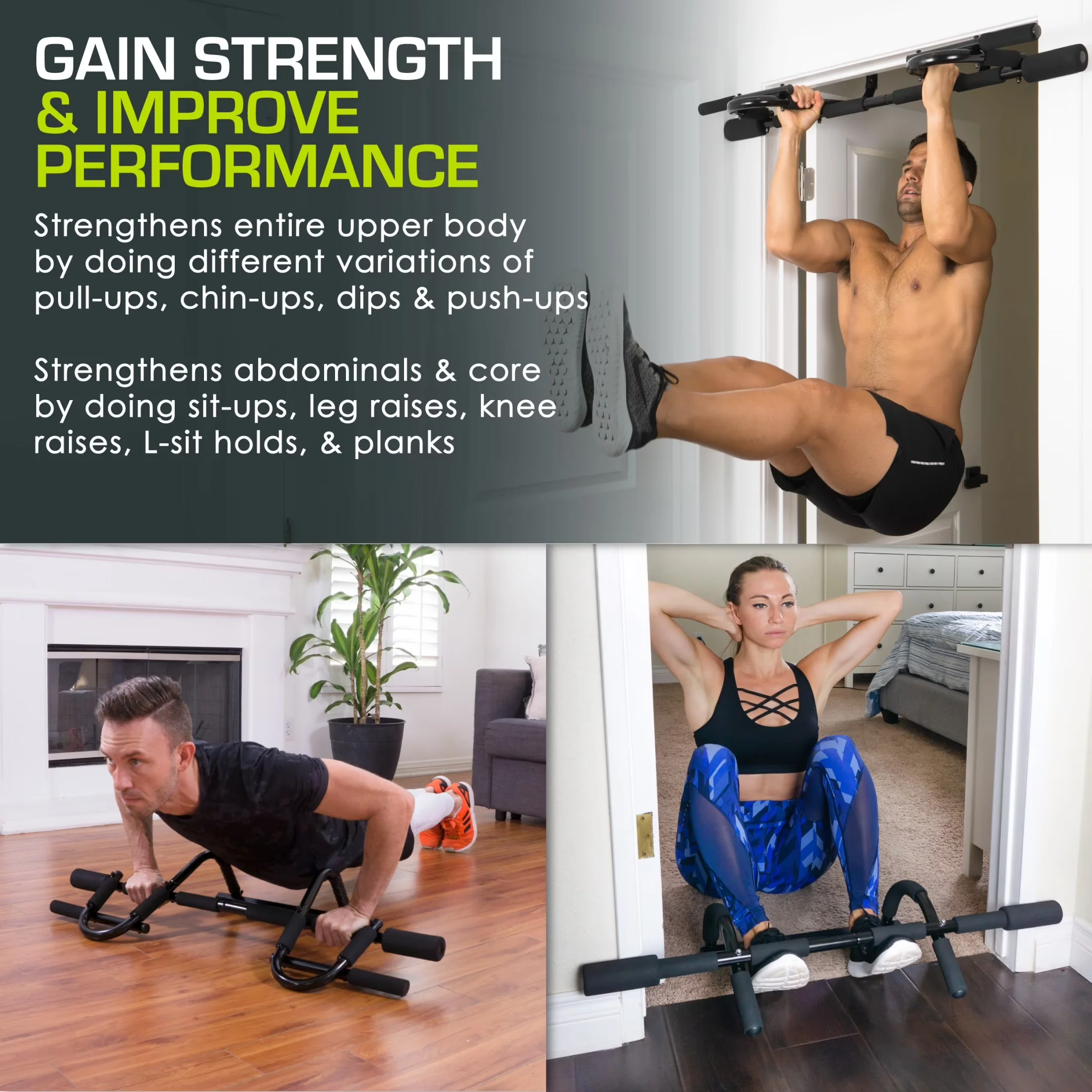 Stylish Home Gym with Portable, Multi-Grip Pull-Up Bar - Steel; Foam And Pvc Grips Model 4746ED