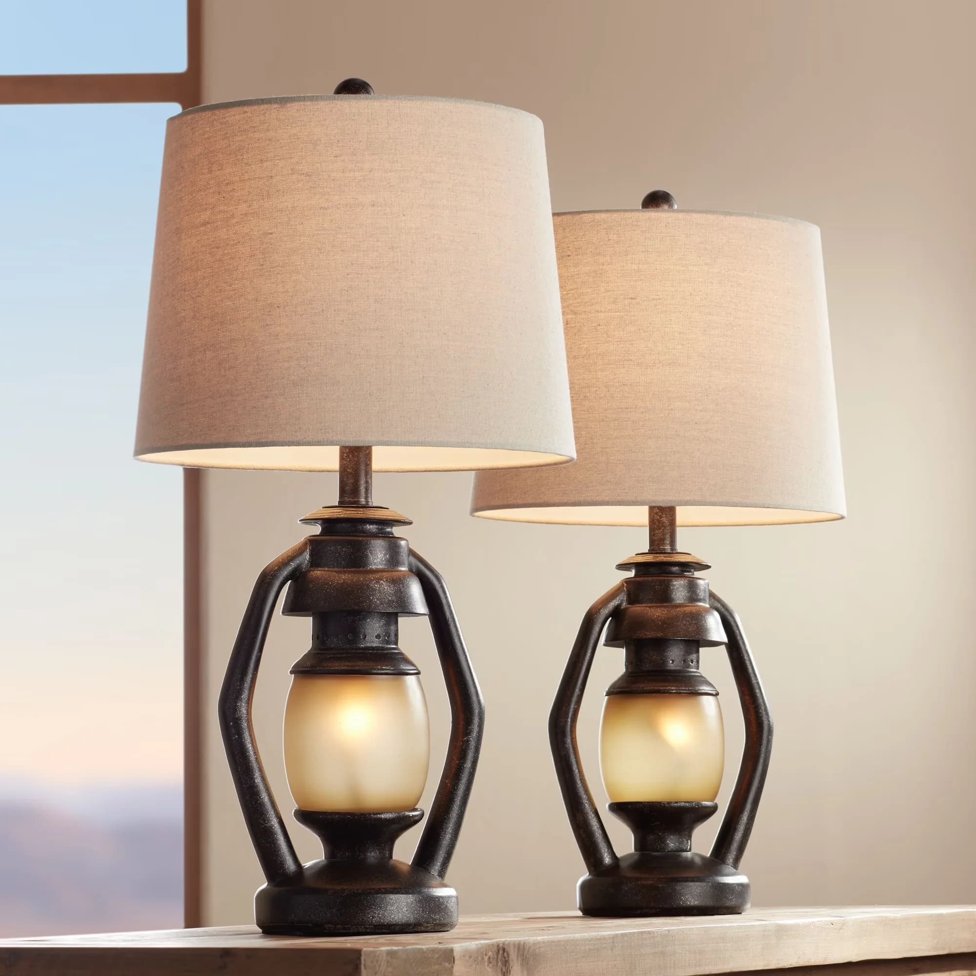 Premium Lamp Set with Incandescent, Rustic/Lodge - Brown Fine Cast Resin for Living Room, Bedroom Model 19DB58