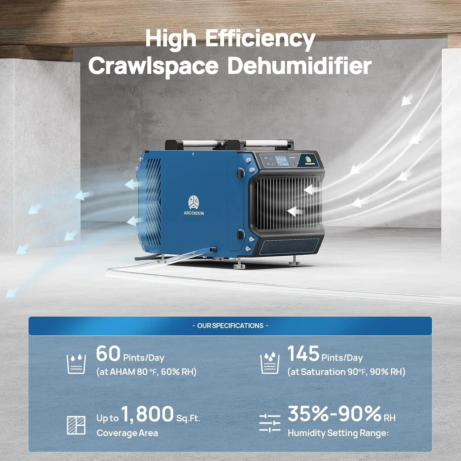 Dehumidifier Efficient with Drain Hose 145 Pints Basement, Industrial Sites - Blue Model AE5AA7