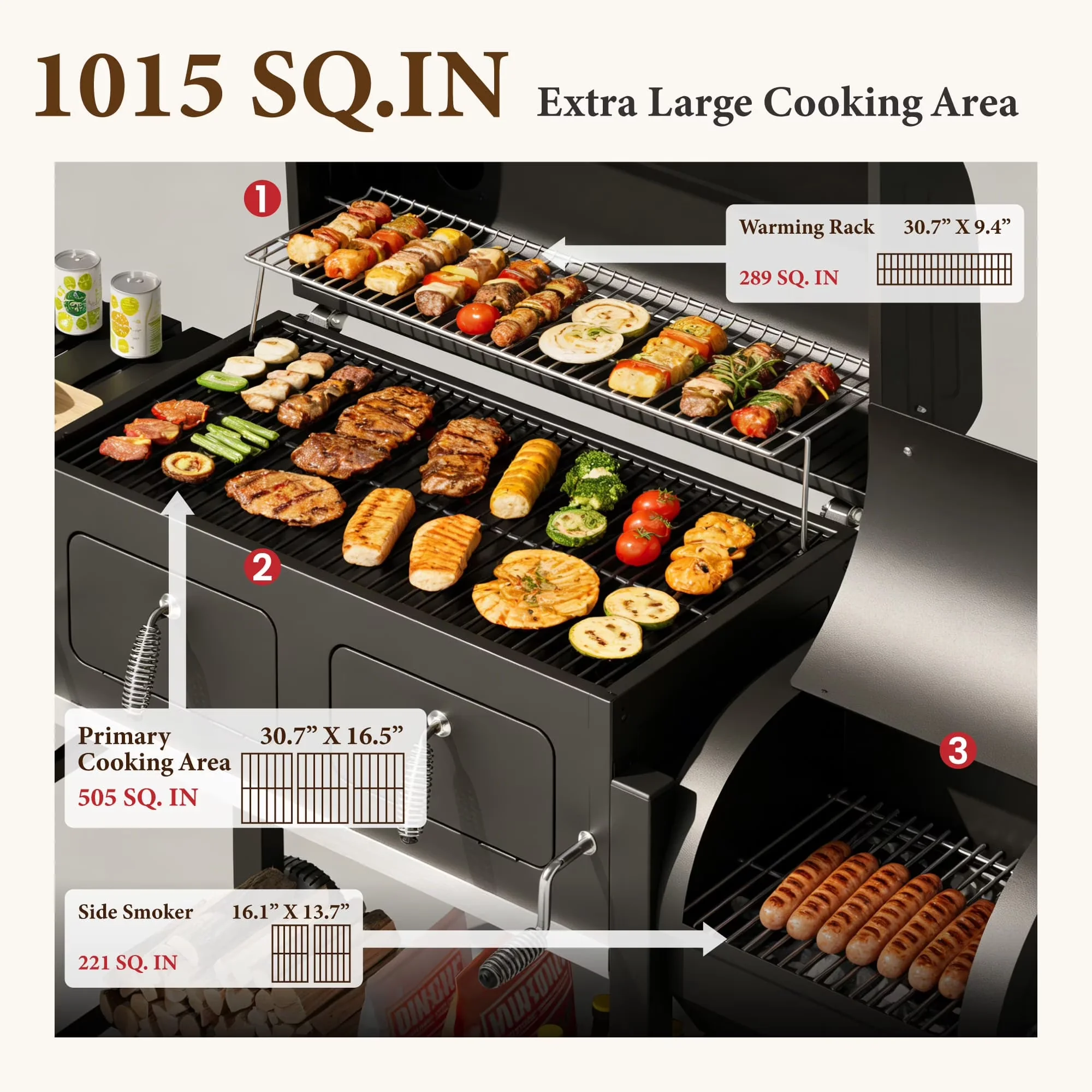 Versatile Charcoal Grill with Adjustable Air Vents, Heat Thermometer, Offset Firebox - Black Porcelain-Enameled Steel, Stainless Steel Model 314C03