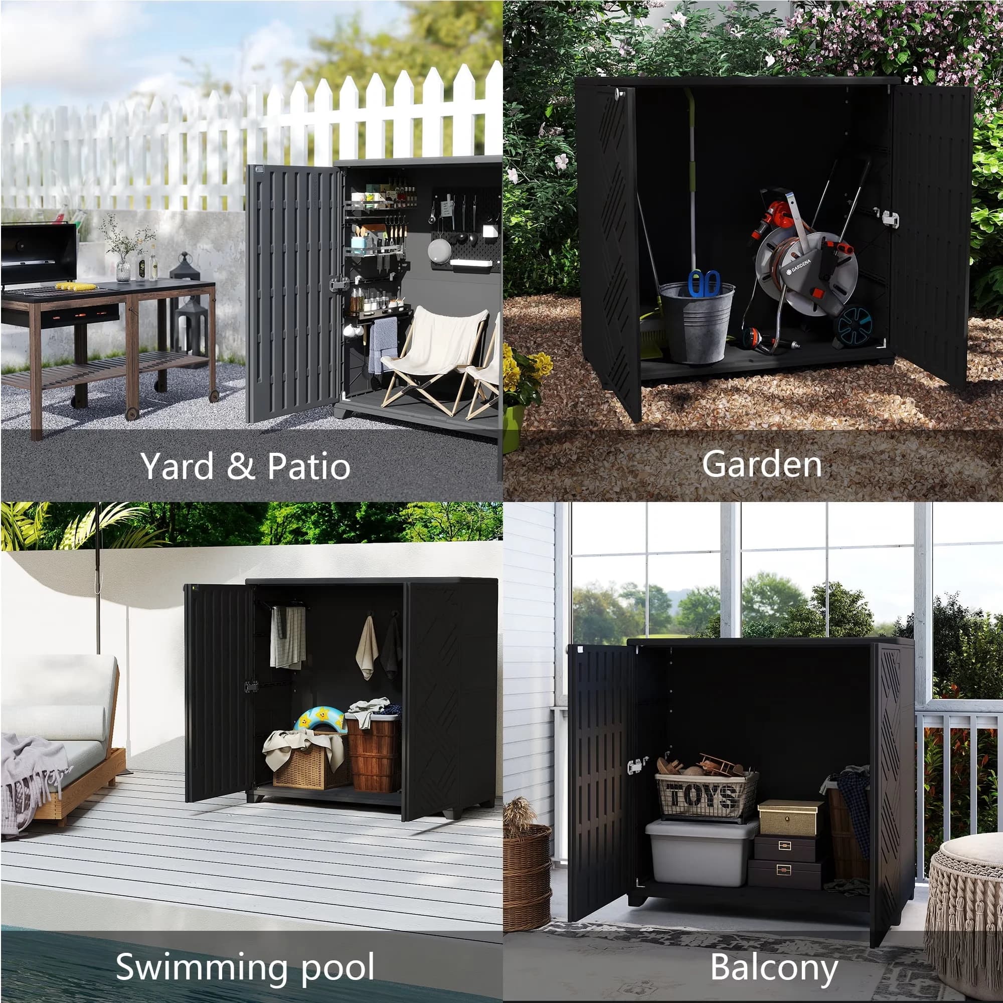 Classic Garage Storage Supply with Stain Resistant, Adjustable Shelves - Black Plastic for Patio, Garage Model F23445