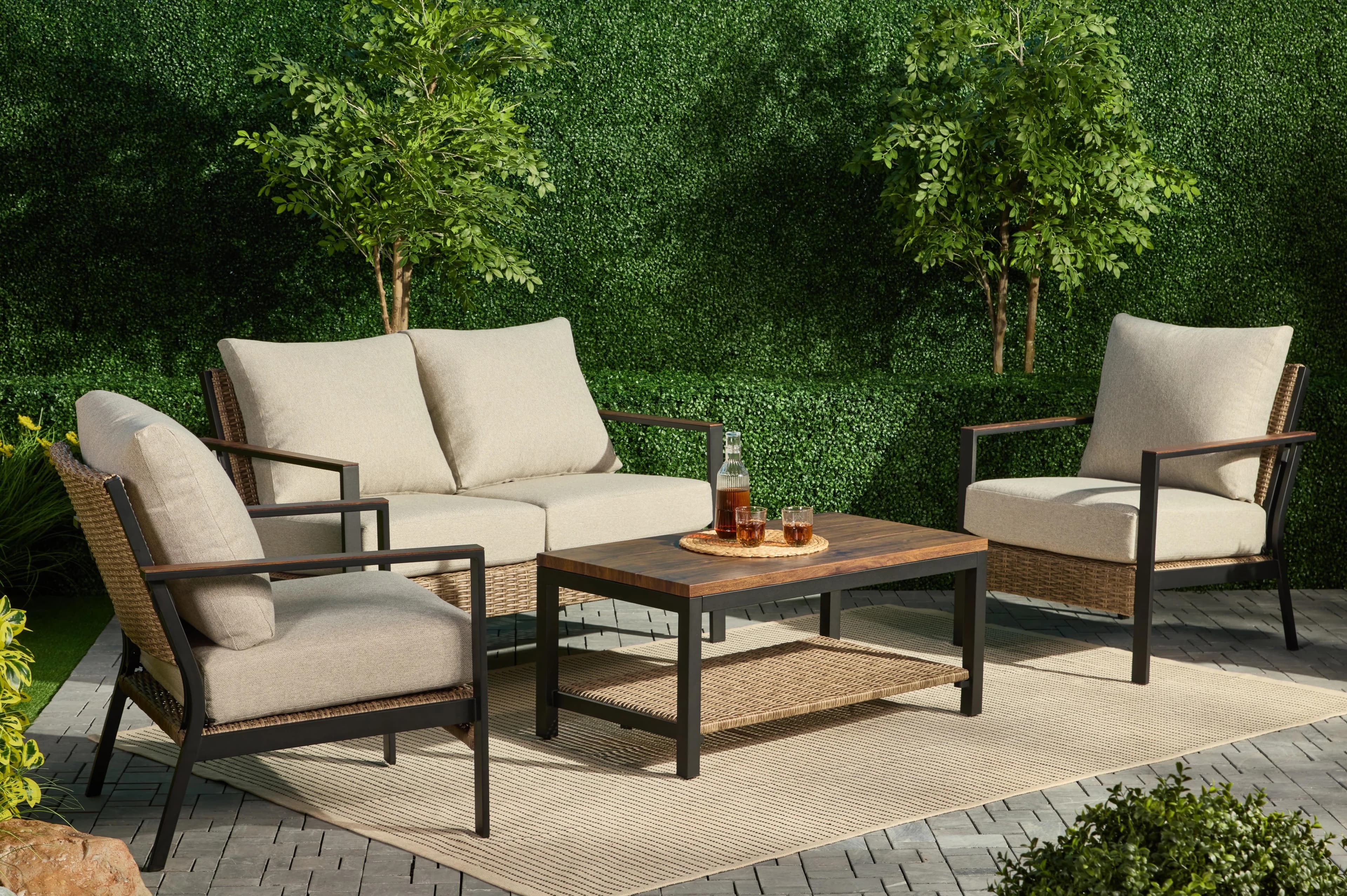 Reliable Patio Conversation Set with Weatherproof, Hennepin Furniture 4 Piece Steel, Beige Cushions - Beige Steel,Wicker,Faux Wood Model A9A733