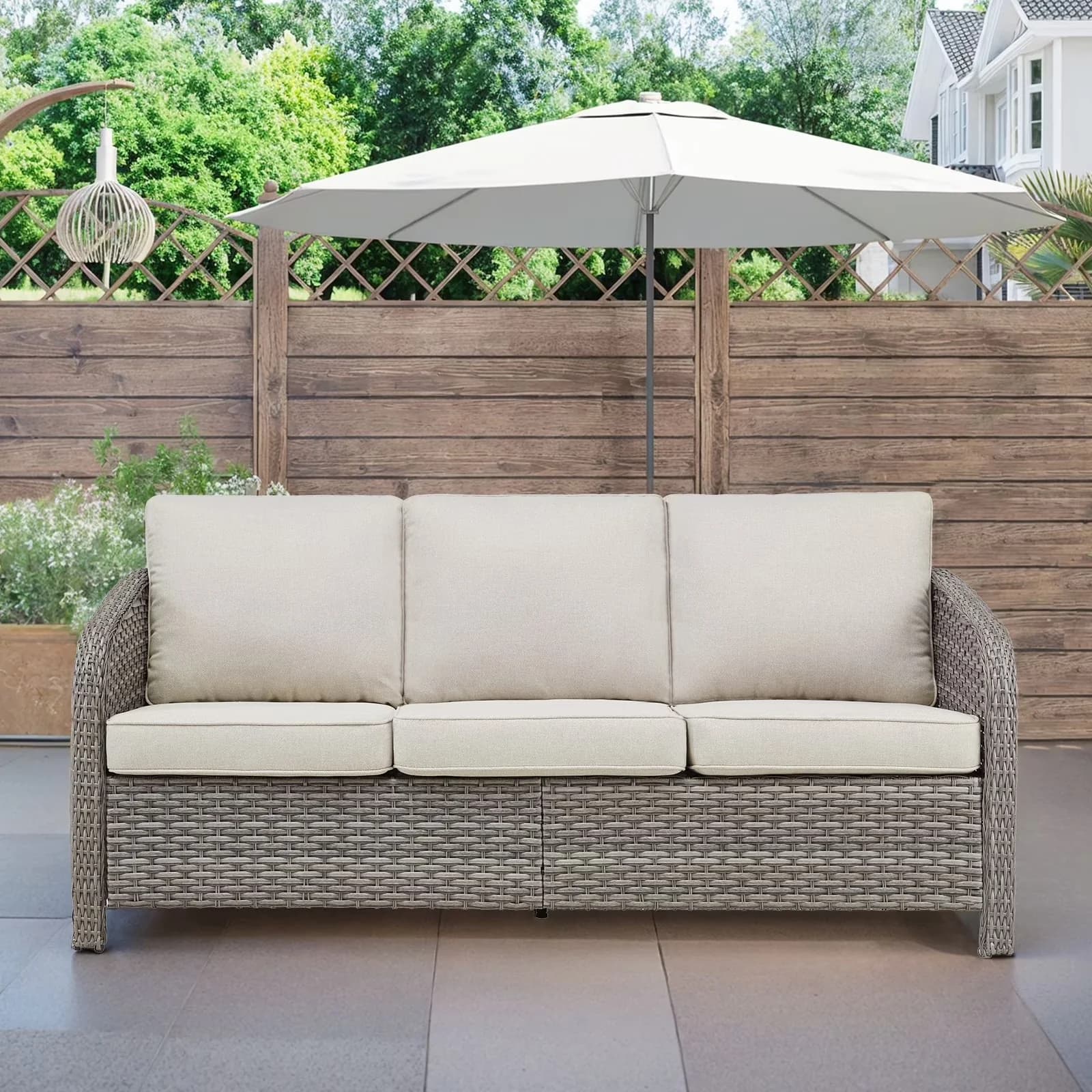 Premium Outdoor Sofas Sectional with Modern, Weather-Resistant - Beige Pe Wicker, Metal Model 8FED81
