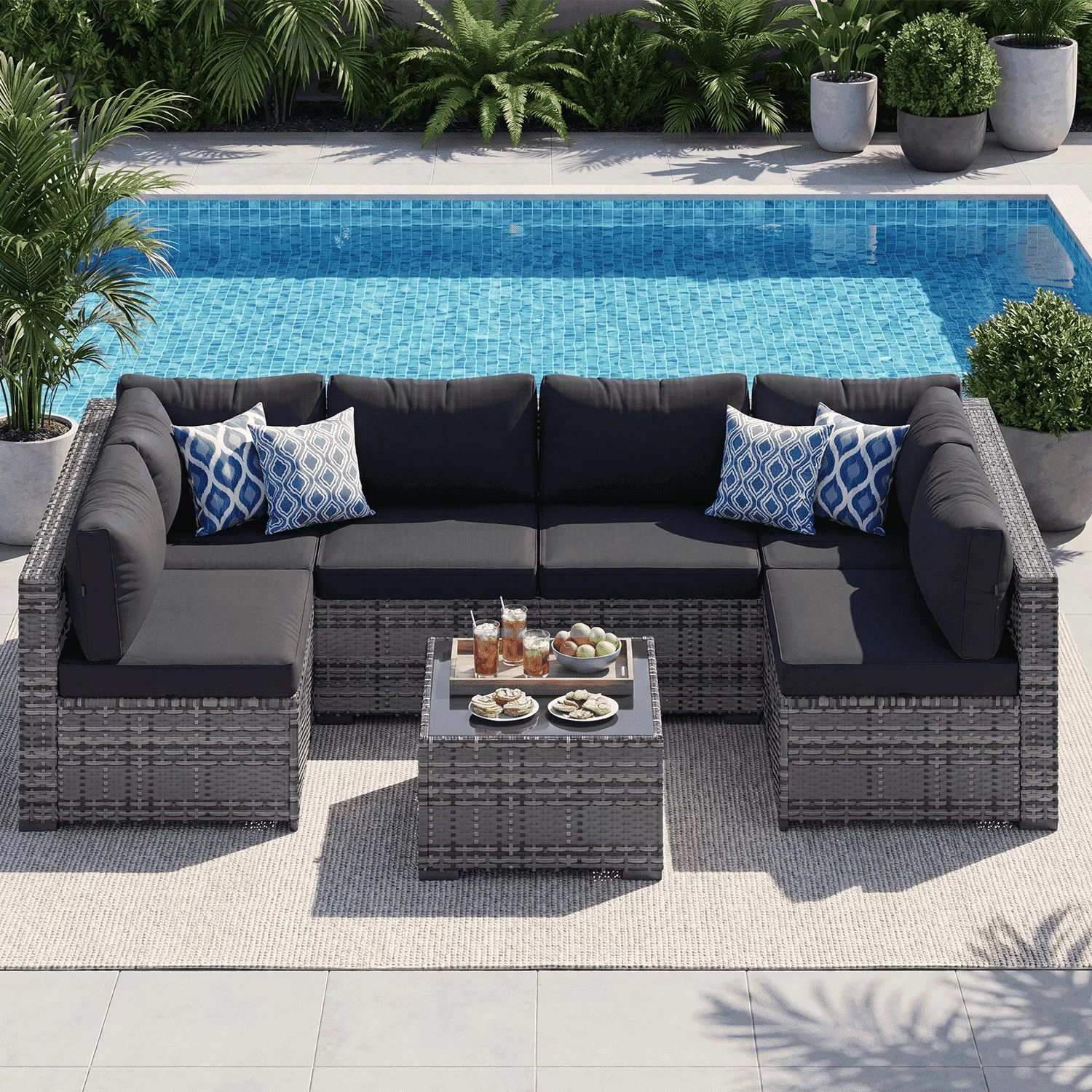 Patio Conversation Set Professional with Weatherproof, Rattan Wicker Outdoor Sectionals, 6 Sofas and 1 Coffee Table - Black Rattan,... Model 8ADE71