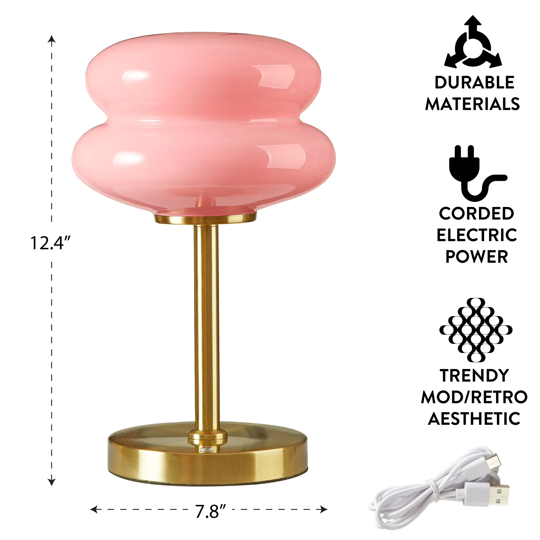 Essential Lamp with LED, Battery, Pink Double Bubble Glass Table - Pink Iron Model 5603E0
