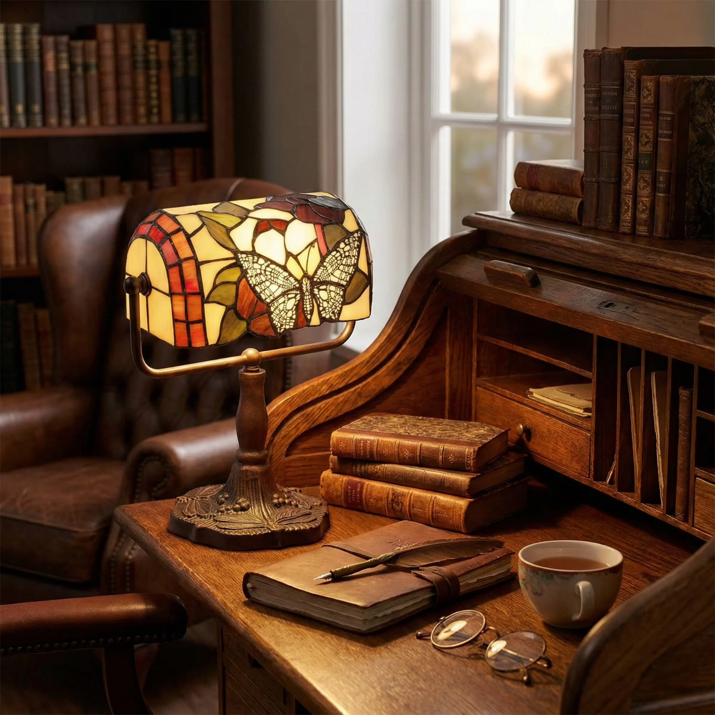 Compact Table Lamp with LED, Energy Efficient, Banker'S Lamps - Multicolor Stained Glass And Metal Model 4D1F10