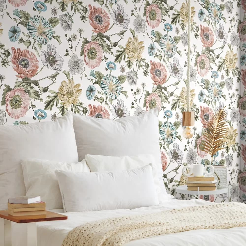 Classic Wallpaper with Removable, Vintage Poppy Peel & Stick 30.75 Sq. ft - Pink Vinyl Model 0BCBE8