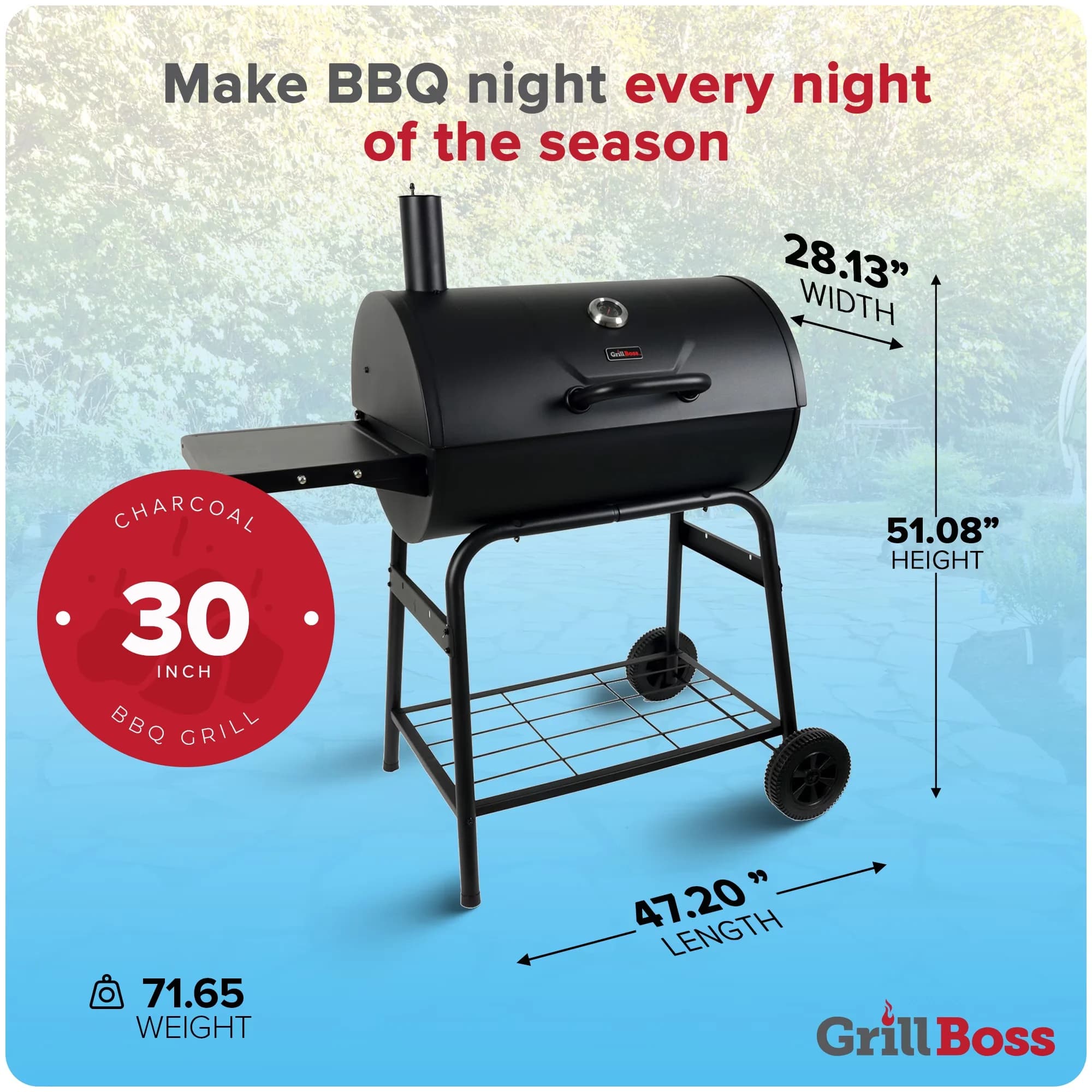 Premium Charcoal Grill with Warming Rack, Adjustable Grate Large Cooking Area, 30" Barrel - Black Steel Model 767B03