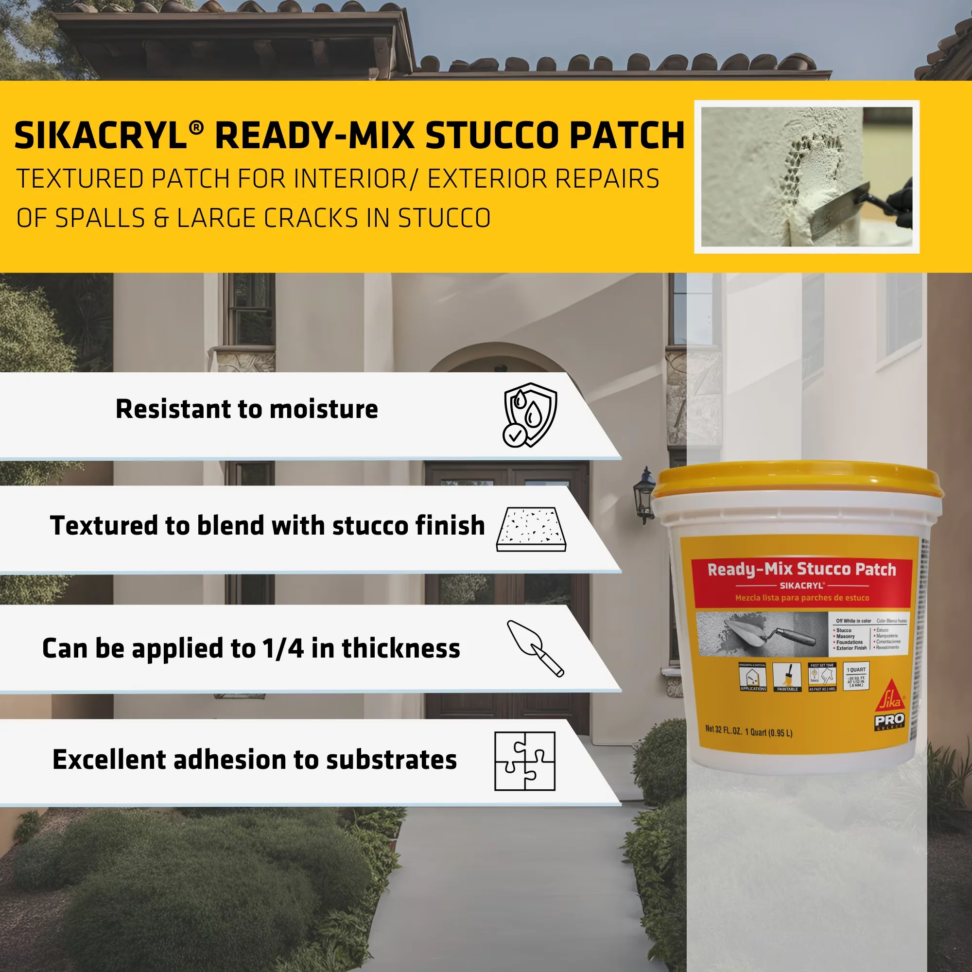 Classic Adhesives Glues In Paint Supplies Tool with Durable, Textured, Repair spalls/Large Cracks in Stucco - White Acrylic Model A805AA