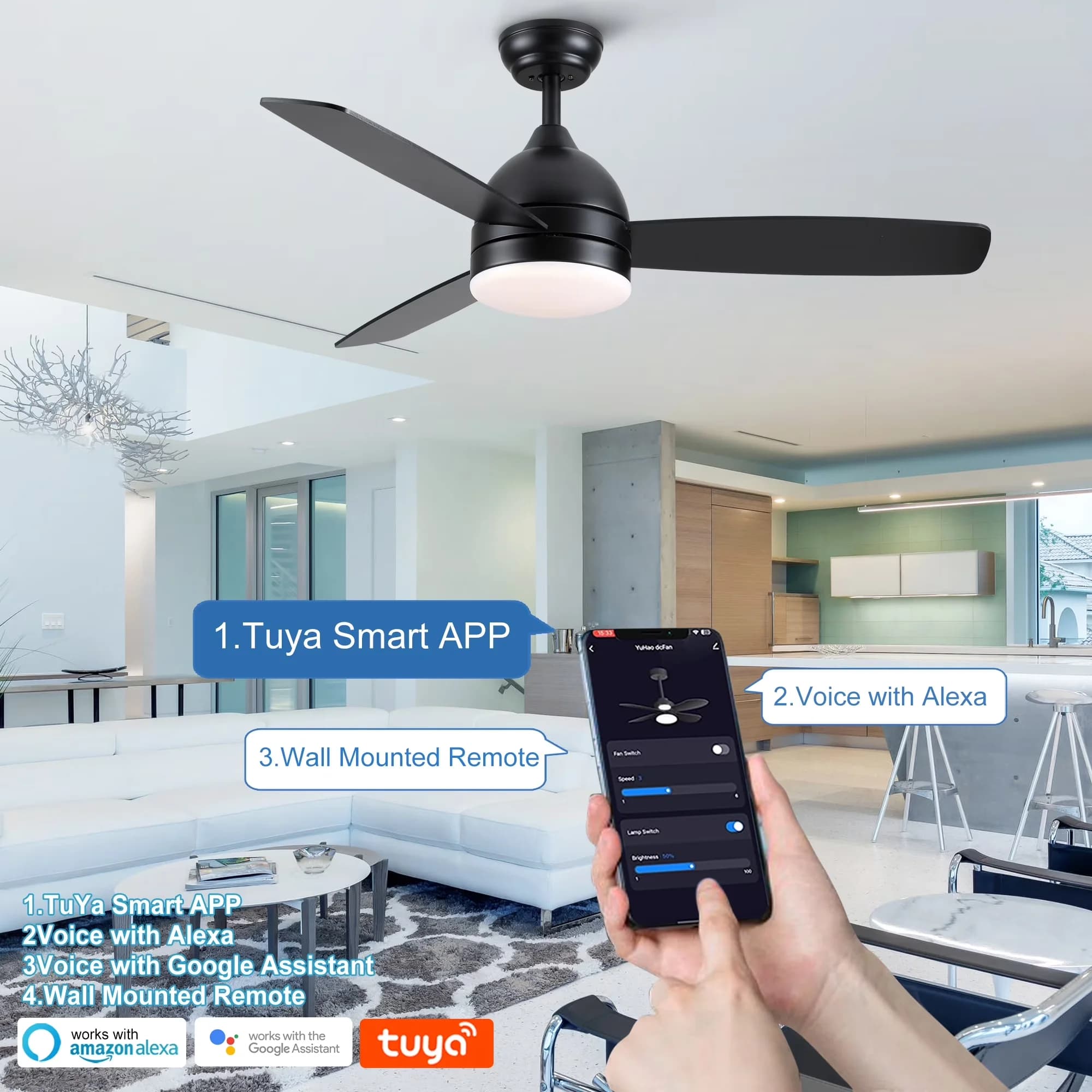 Ceiling Fan Classic with LED, Modern, 48 in. Smart LED - Black Acrylic Model 076816