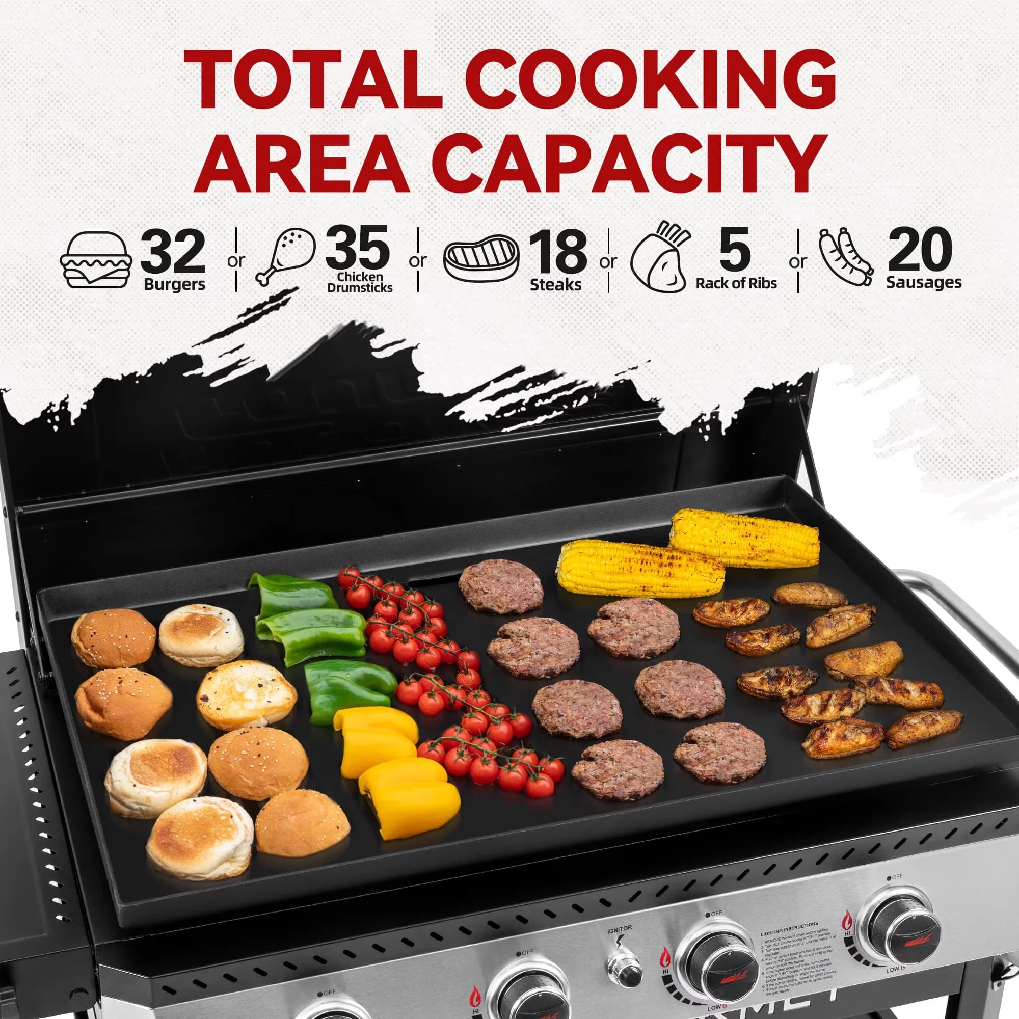 Stylish Flat Top Grill with Enclosed Cabinet, Storage Rack, Hood - Steel (Main Body), Ceramic-Coated Steel (Griddle) Black Model 6FBC66