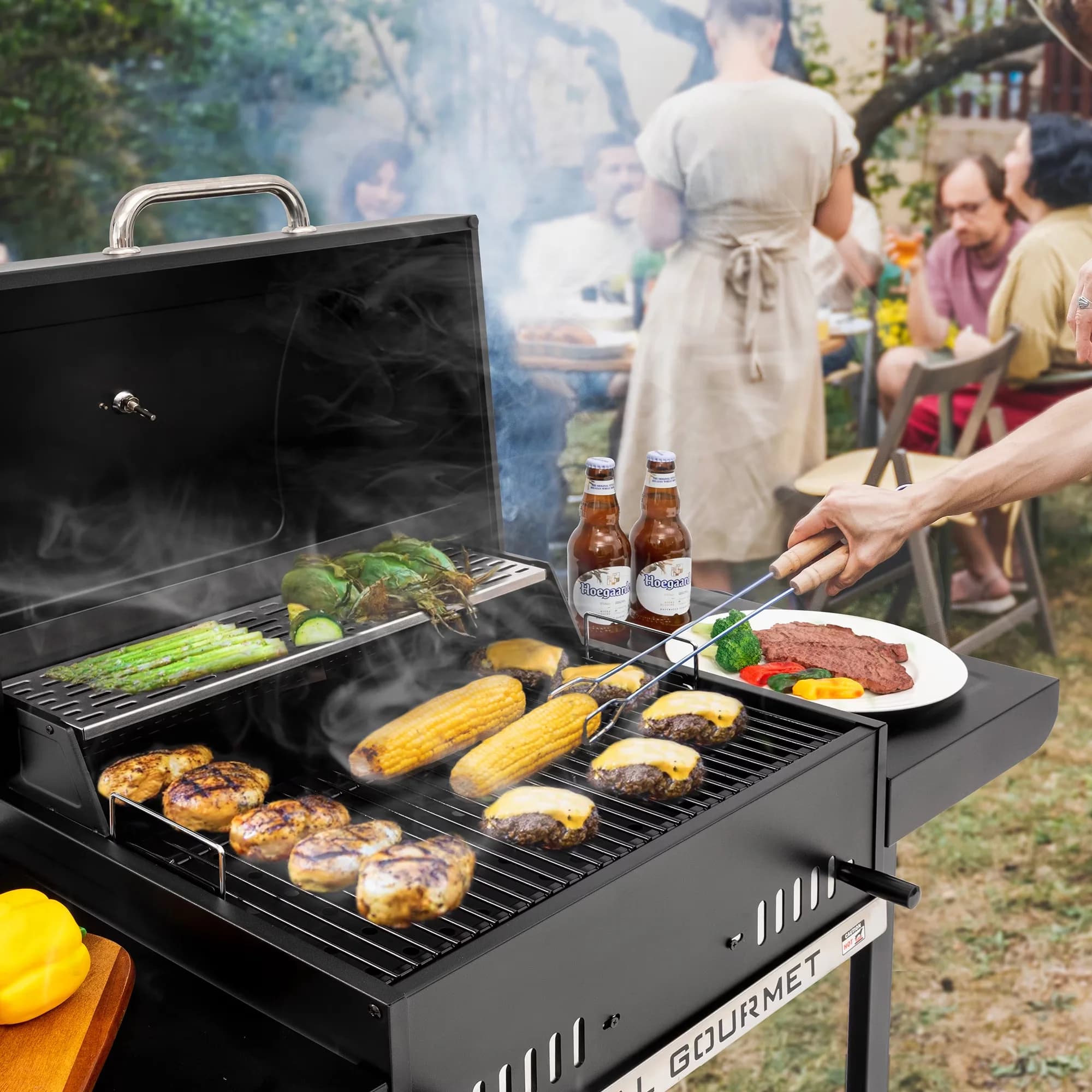 Sleek Charcoal Grill with Warming Rack, 2 Foldable Side Shelves,Black - Porcelain-Enameled Steel Wire (Cooking Grate), Stainless... Model 77AAF5
