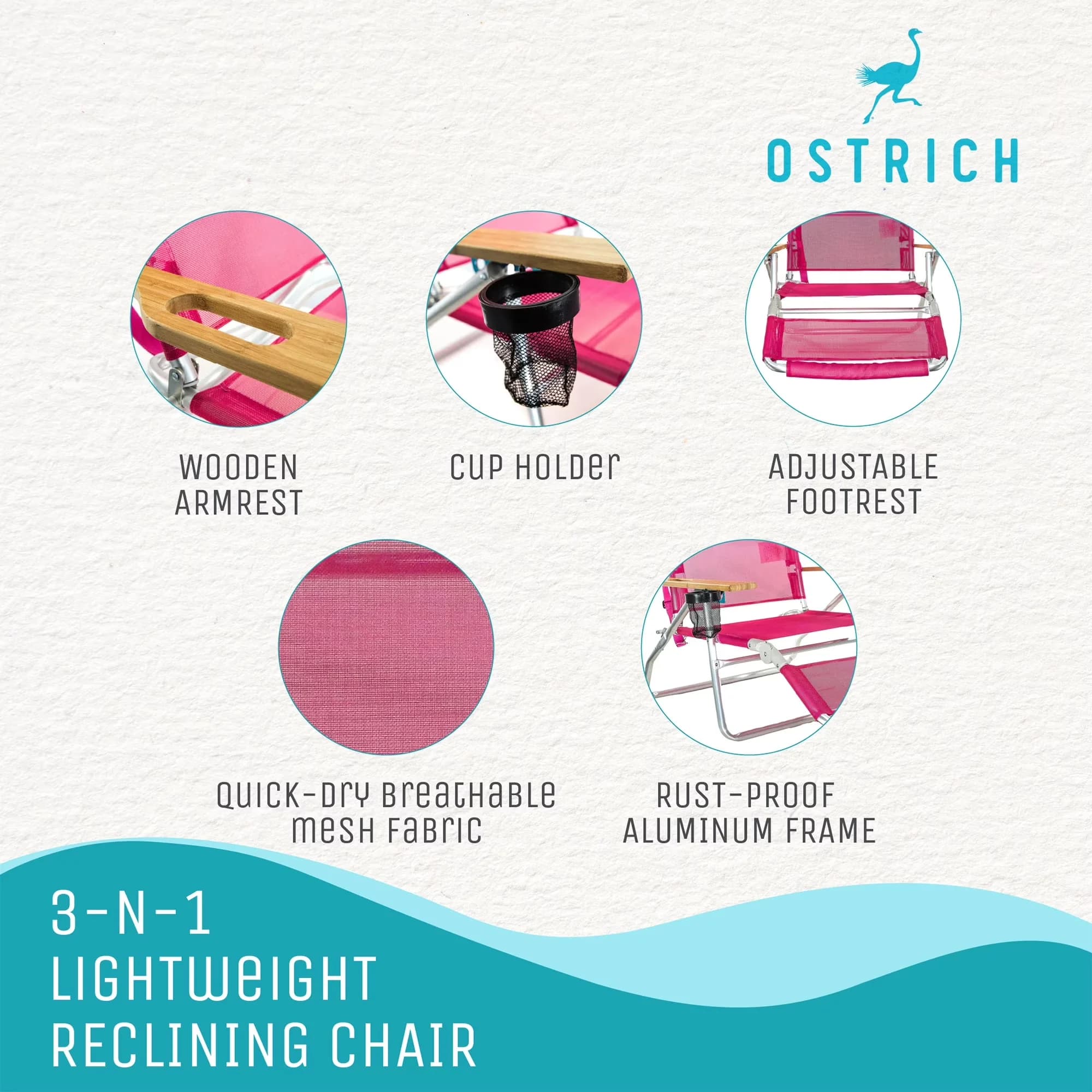 Beach Chair Efficient with Folding, Pink, Footrest - Pink 3N1 for Home and Office Model 4B92C0