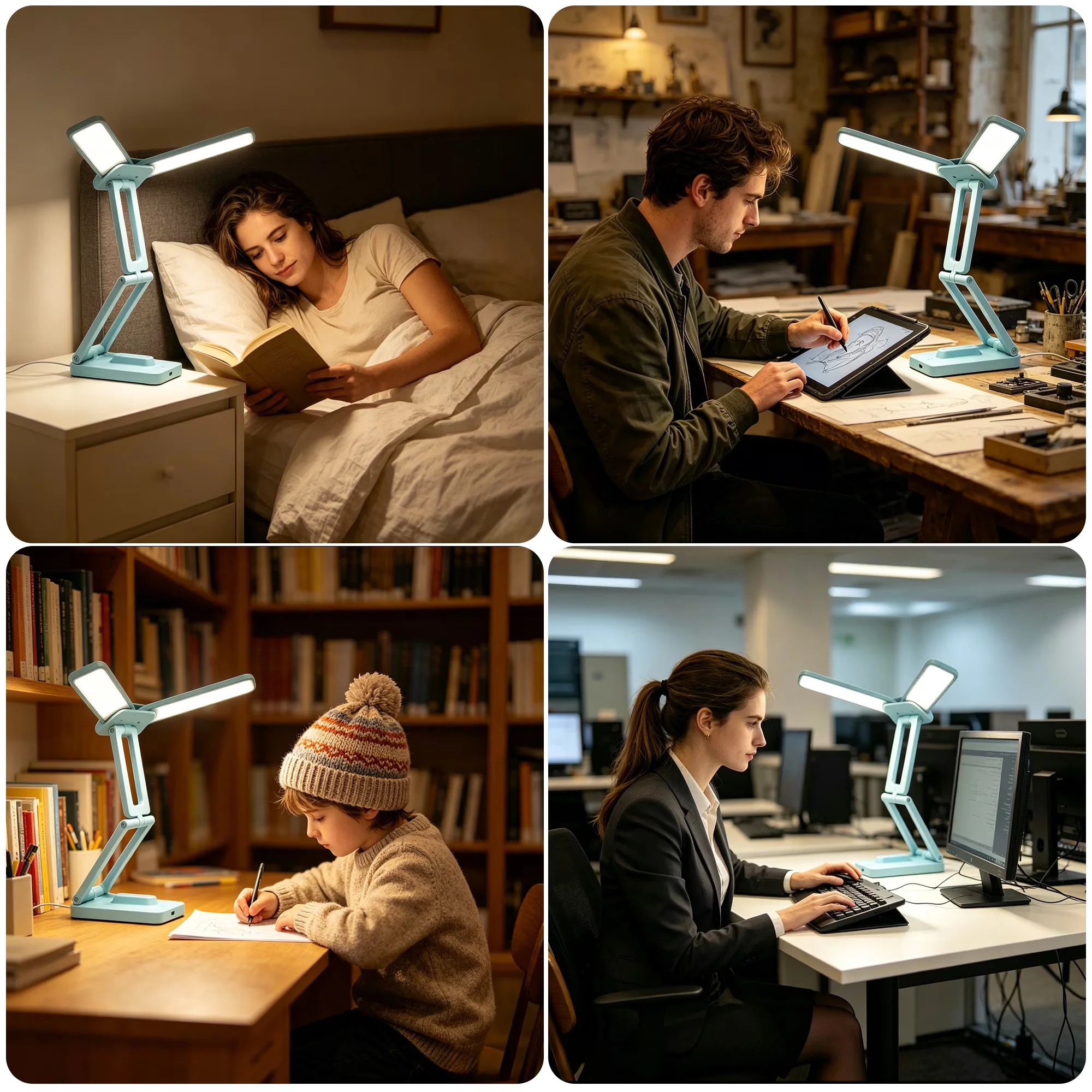Lamp Set Efficient with LED, Adjustable Head, Foldable Dual-Head Desk - Plastic Blue Model 88D97B