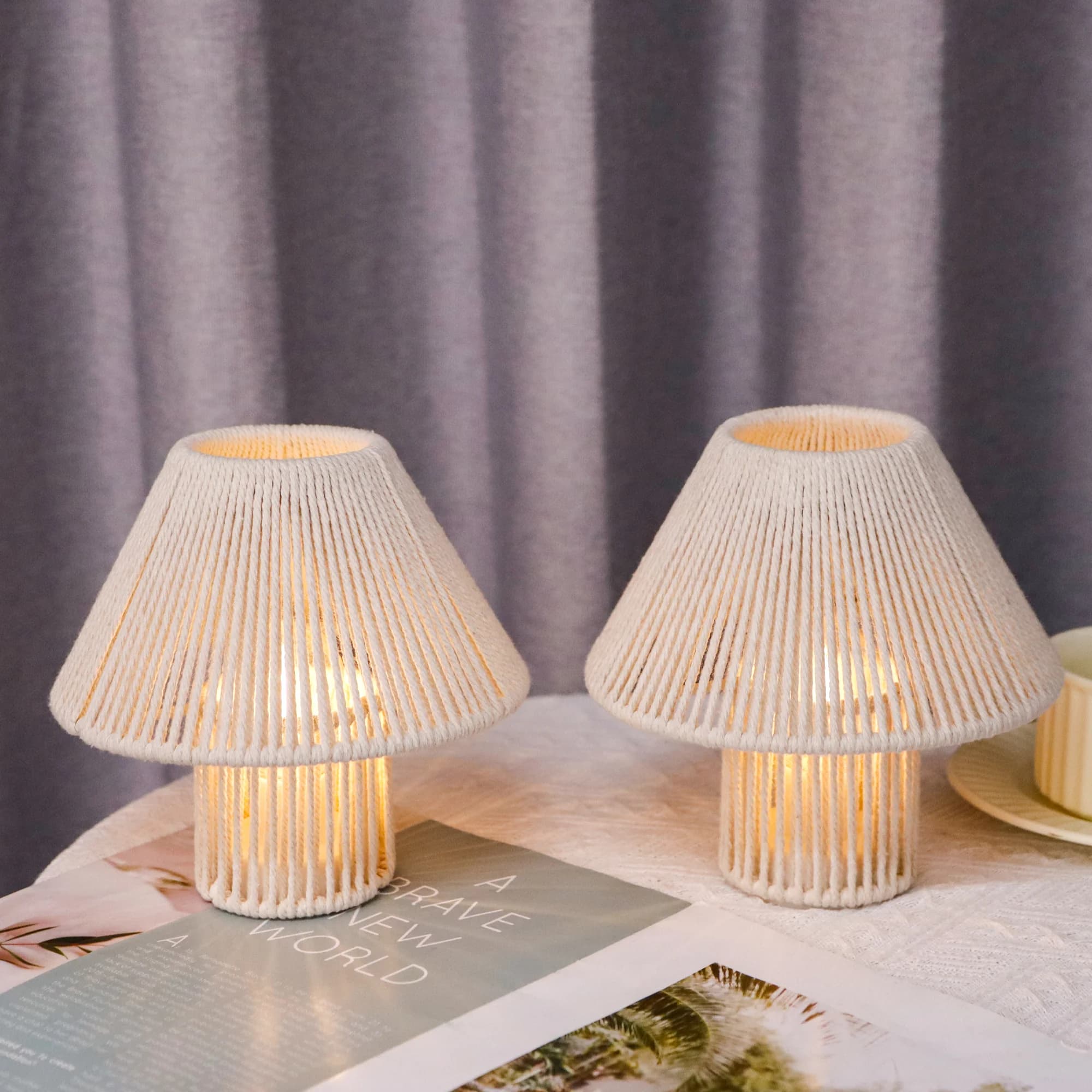 Reliable Lamp Set with LED, Battery, White - White Metal, Woven Cotton Rope Model 208337
