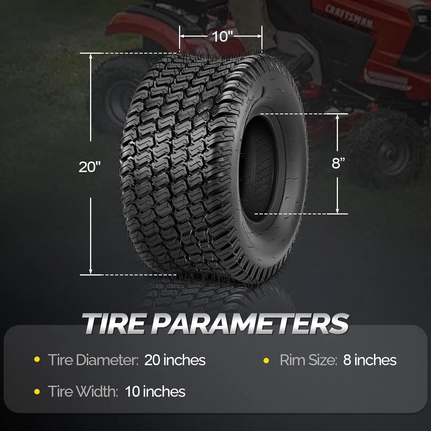 Stylish Lawn Mower Tire with 20x10-8 Tires, Set of 2 Tubeles Turf for Garden - Model 8DD713