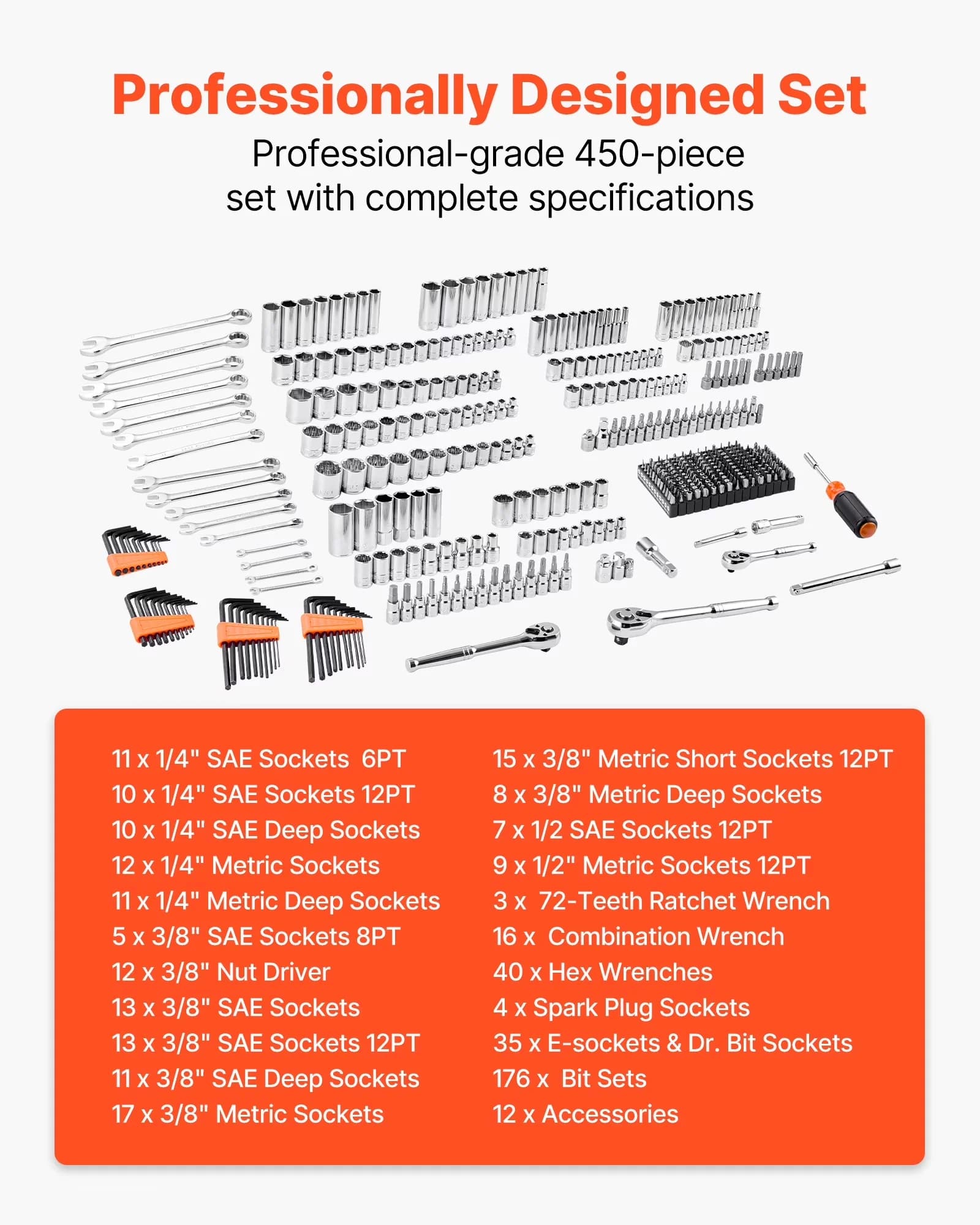 Compact Hand Tool Set with Rust Resistant, Orange Drawer - Cr-V, 40Cr Orange Model 01DE5C