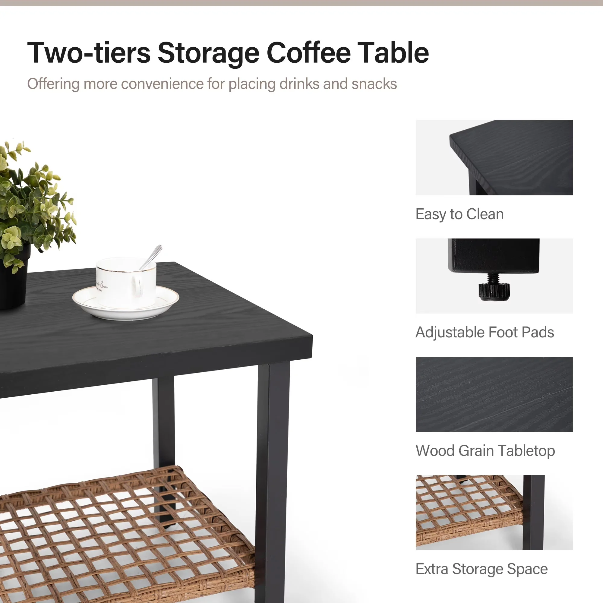 Patio Conversation Set Durable with Weatherproof, Beige Cushions & 2-Tier Coffee Table, 3-Piece - Beige Metal, Pe Wicker for Patio Model 8D9868