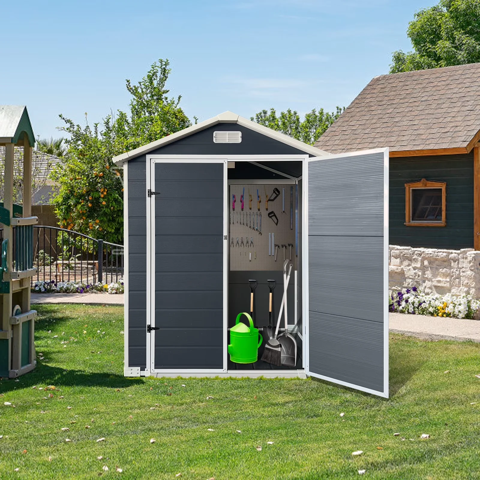 Sleek Shed with Mold Resistant, 6ft x 4ft Plastic Outdoor Storage, Floor and Lockable Door Plastic Garden - Gray Plastic Model 90D2A4