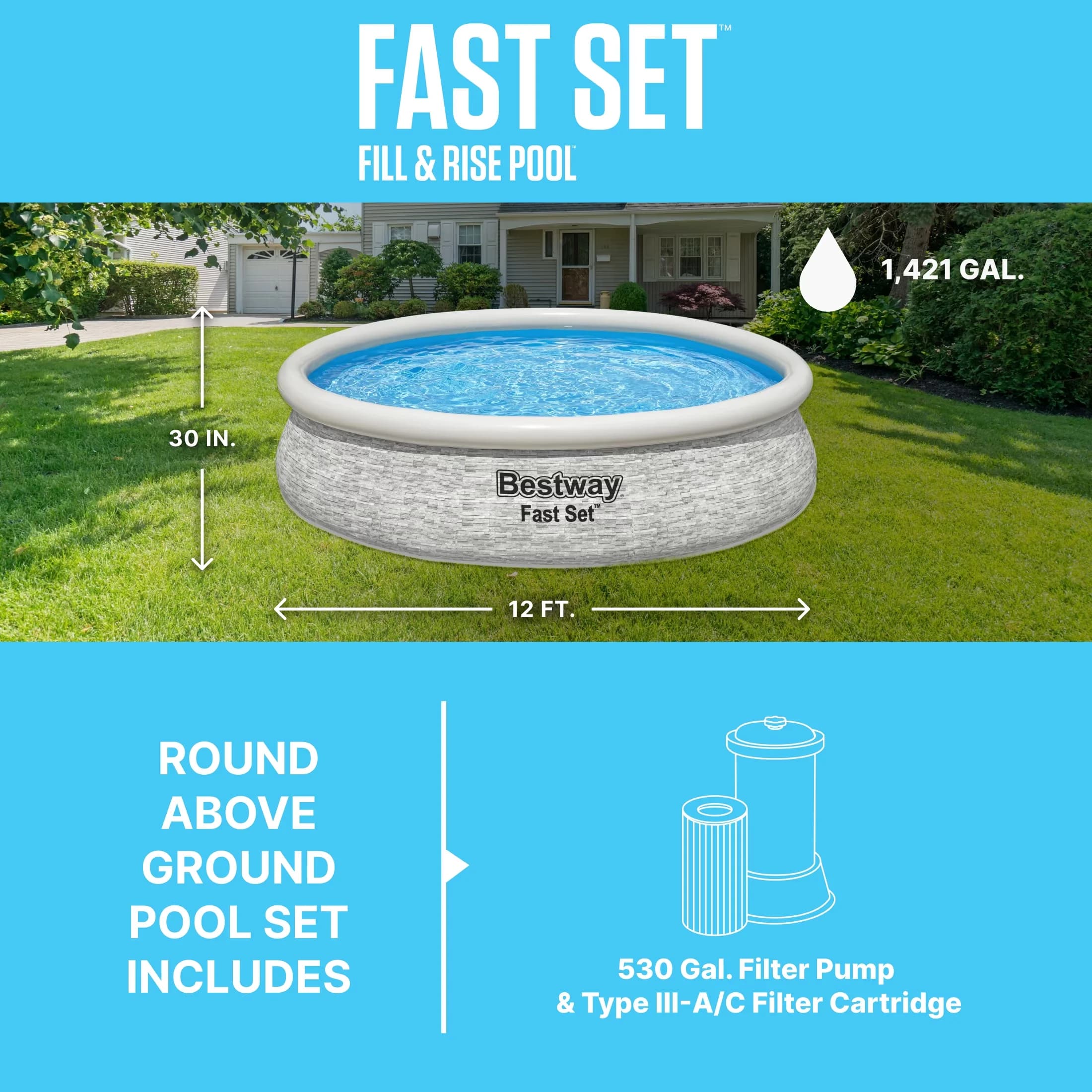 Durable Inflatable Pool with Puncture Resistant, 1421 gal, Fast Set Stacked Stone Round - Gray Model 238694