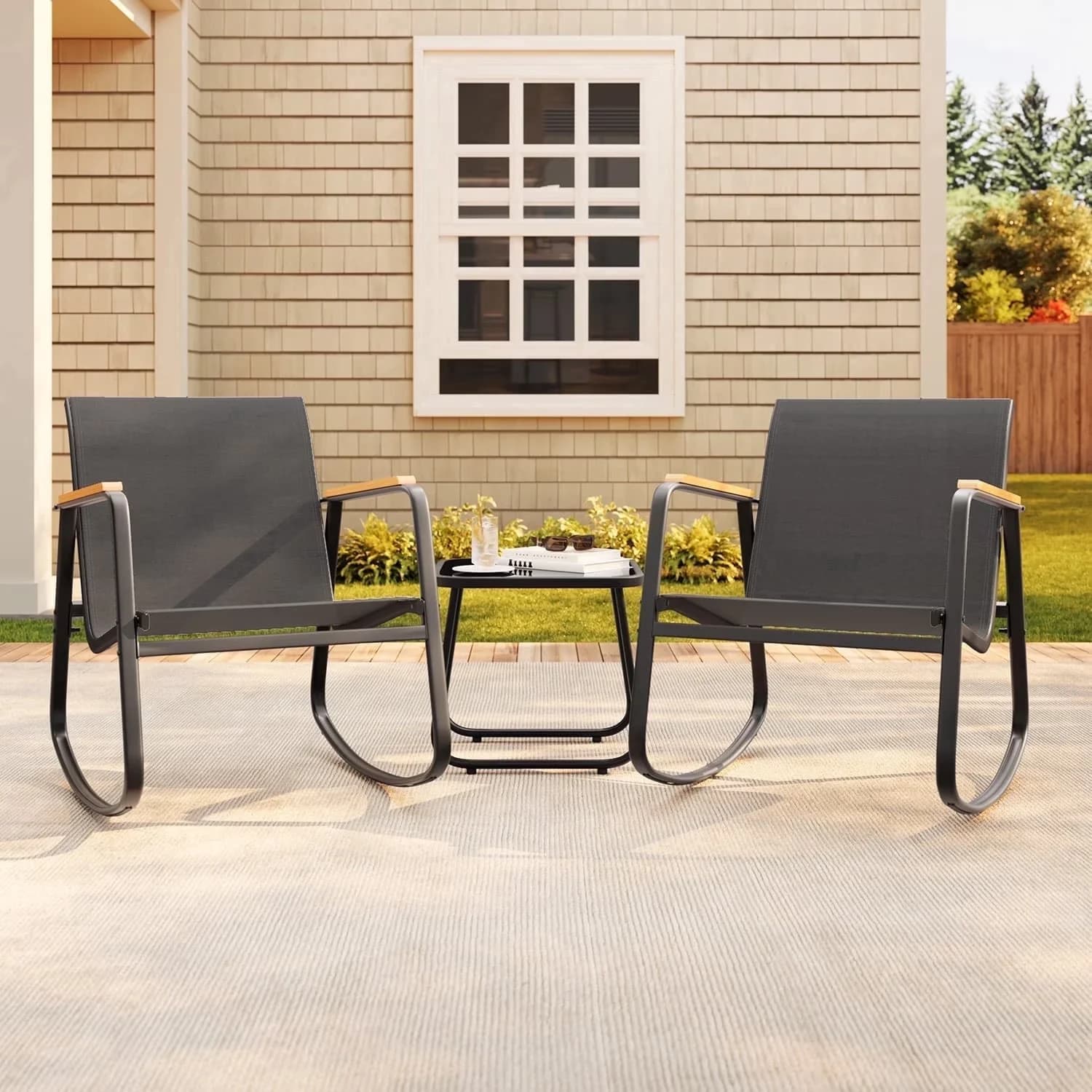 Modern Patio Dining Set with 3-Piece Bistro, Coffee Table & Wood Handrail, Black - Rattan Black Model 970E85
