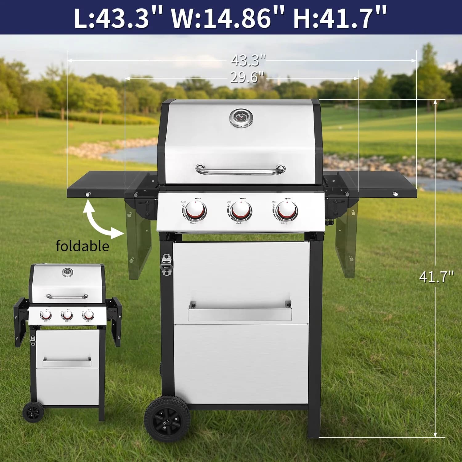 Efficient Gas Grill with 30000 BTU, Grease Pan, Heat Thermometer - Metal, Stainless Steel Silver Model 562229