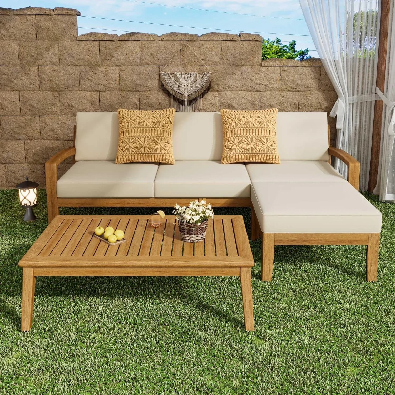 Essential Outdoor Sofas Sectional with Weather-Resistant, Water-Resistant - Brown Acacia Wood,Fabric Model 6DE795