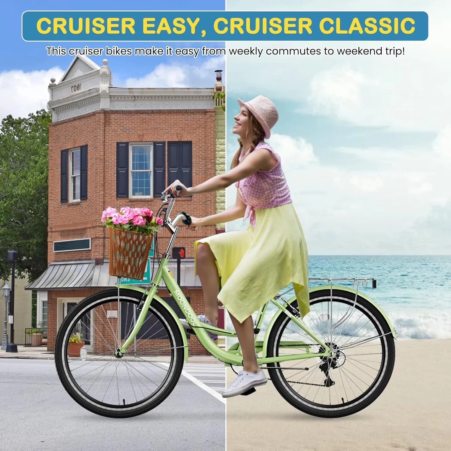 Premium Cruiser Bike with Adjustable Seat Height, Lightweight, Adjustable Speed - Green Model 9B56CE