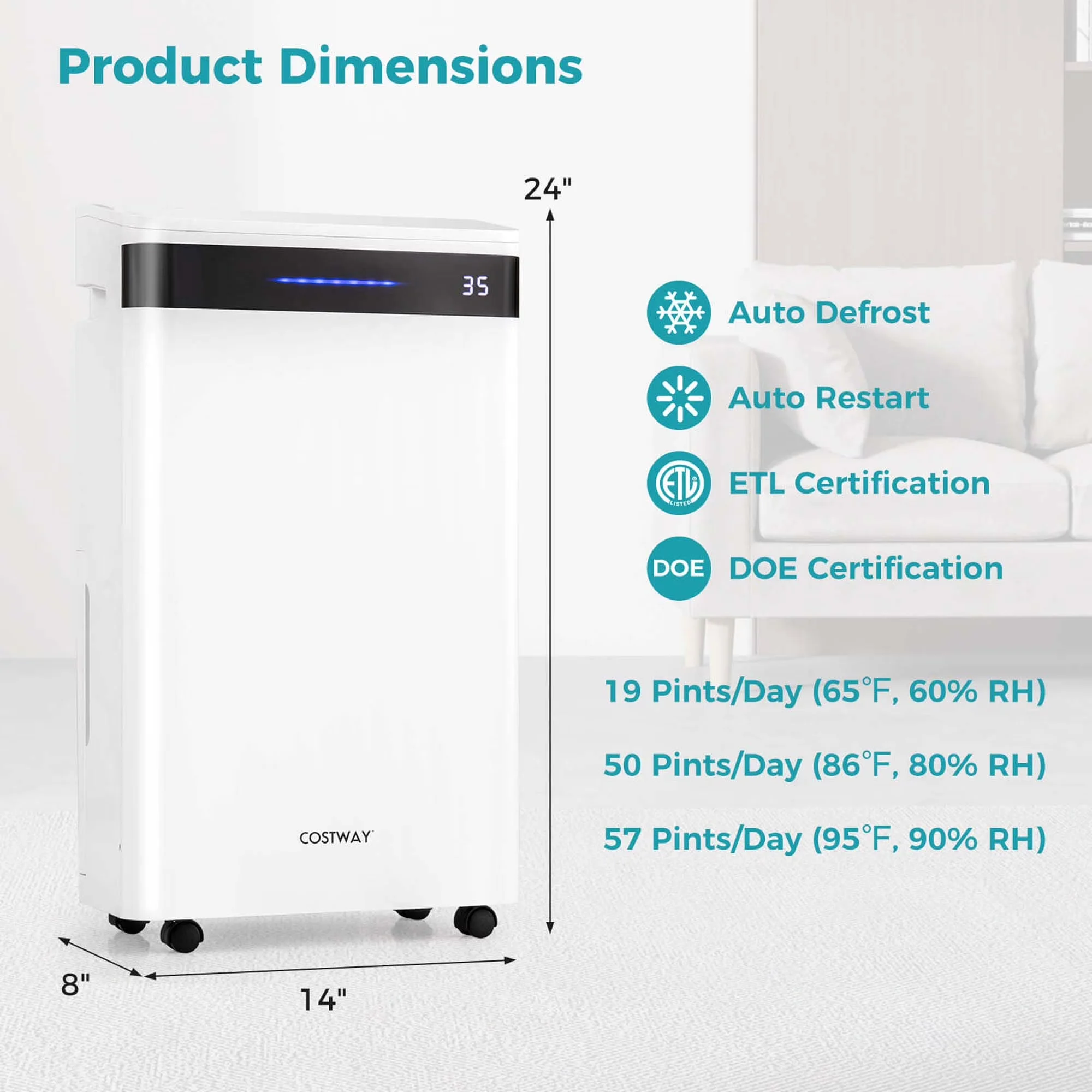 Versatile Dehumidifier with 19-Pint(DOE) - White for Home - Industrial Grade Model 1F1488