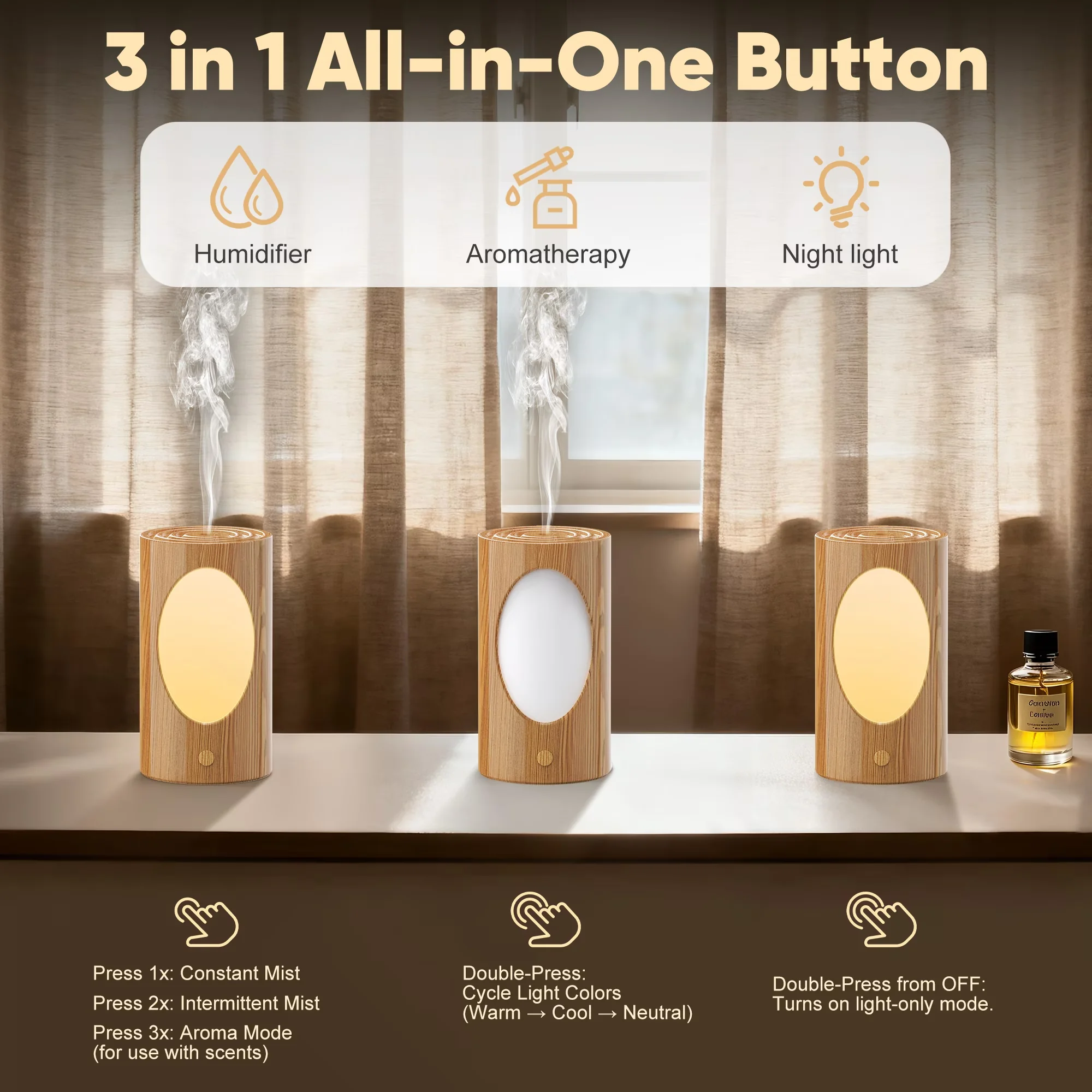 Sleek Humidifier with Water Level Indicator, Adjustable Humidistat, Oil Diffuser - Brown Model A2C462