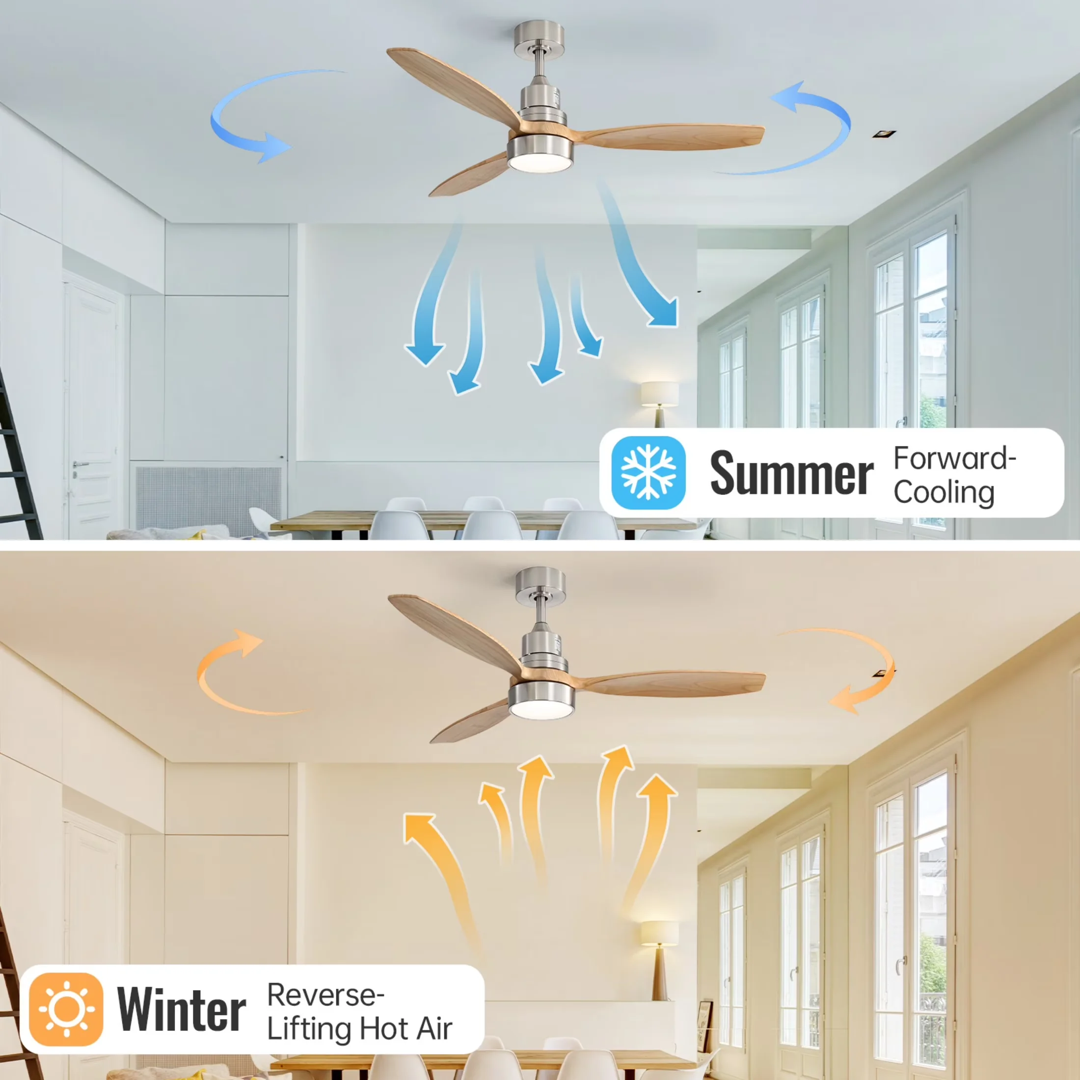 Ceiling Fan Sleek with LED, Reverse Airflow, Modern - White Wood 52 Inch Model 2DB073