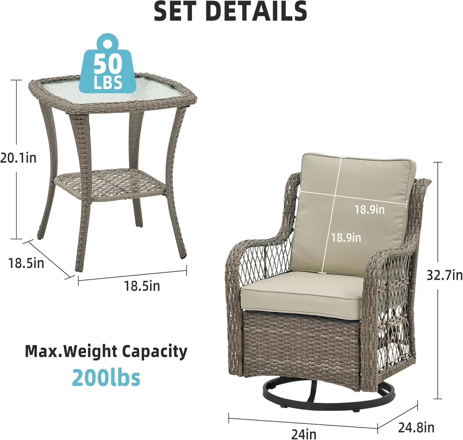 Classic Patio Chair with 2 Outdoor Glider Chairs, Rattan Side Table, 3-Piece Wicker Swivel Rocker Set - Gray Model 4F311D