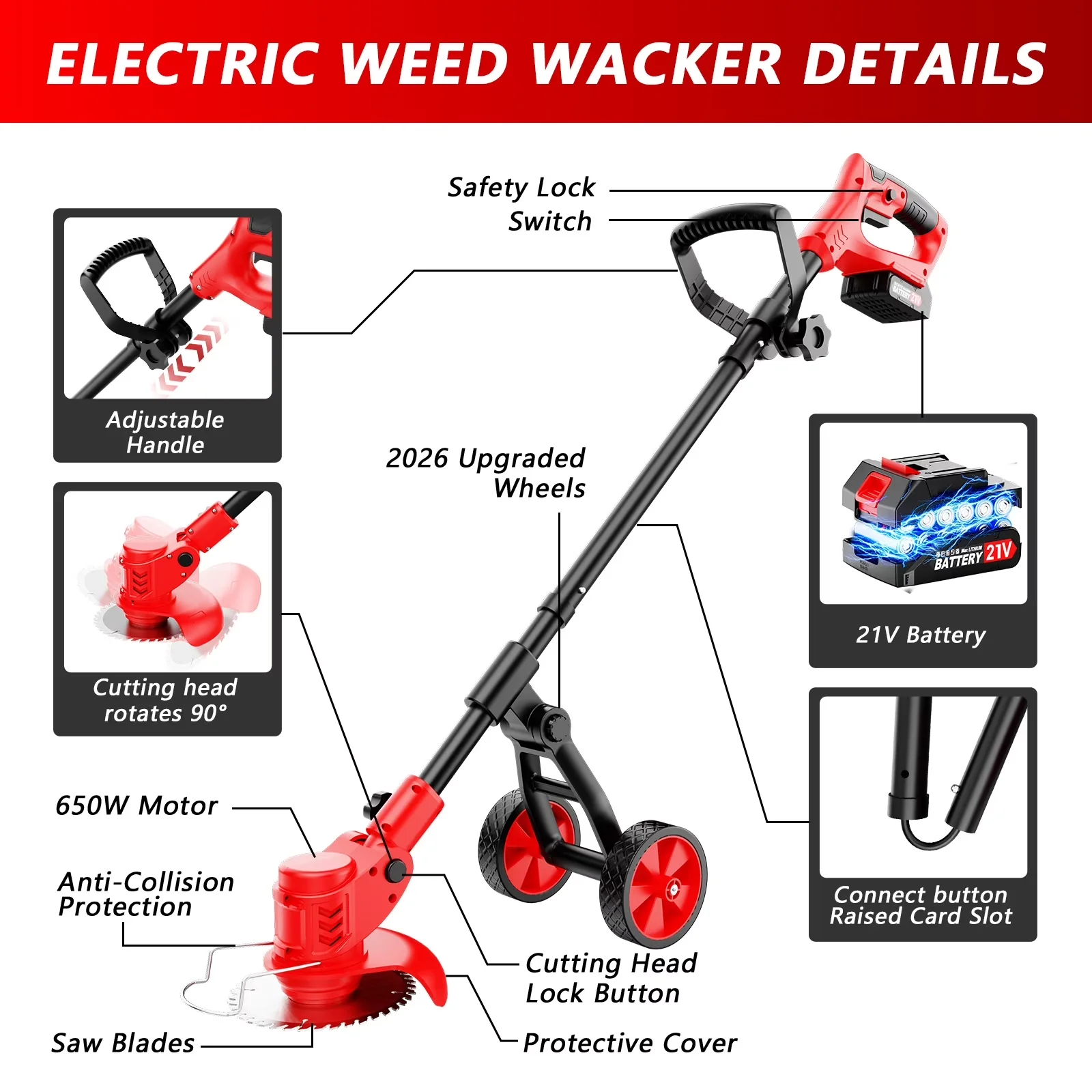 Premium String Trimmer with Battery, Brushless, Metal Wheels - Red for Garden Model 34F83F