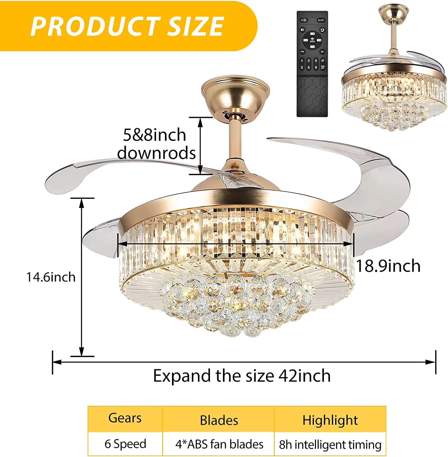 Versatile Ceiling Fan with LED, Dimmable, Modern - Crystal Gold 42 Inch Model 967108