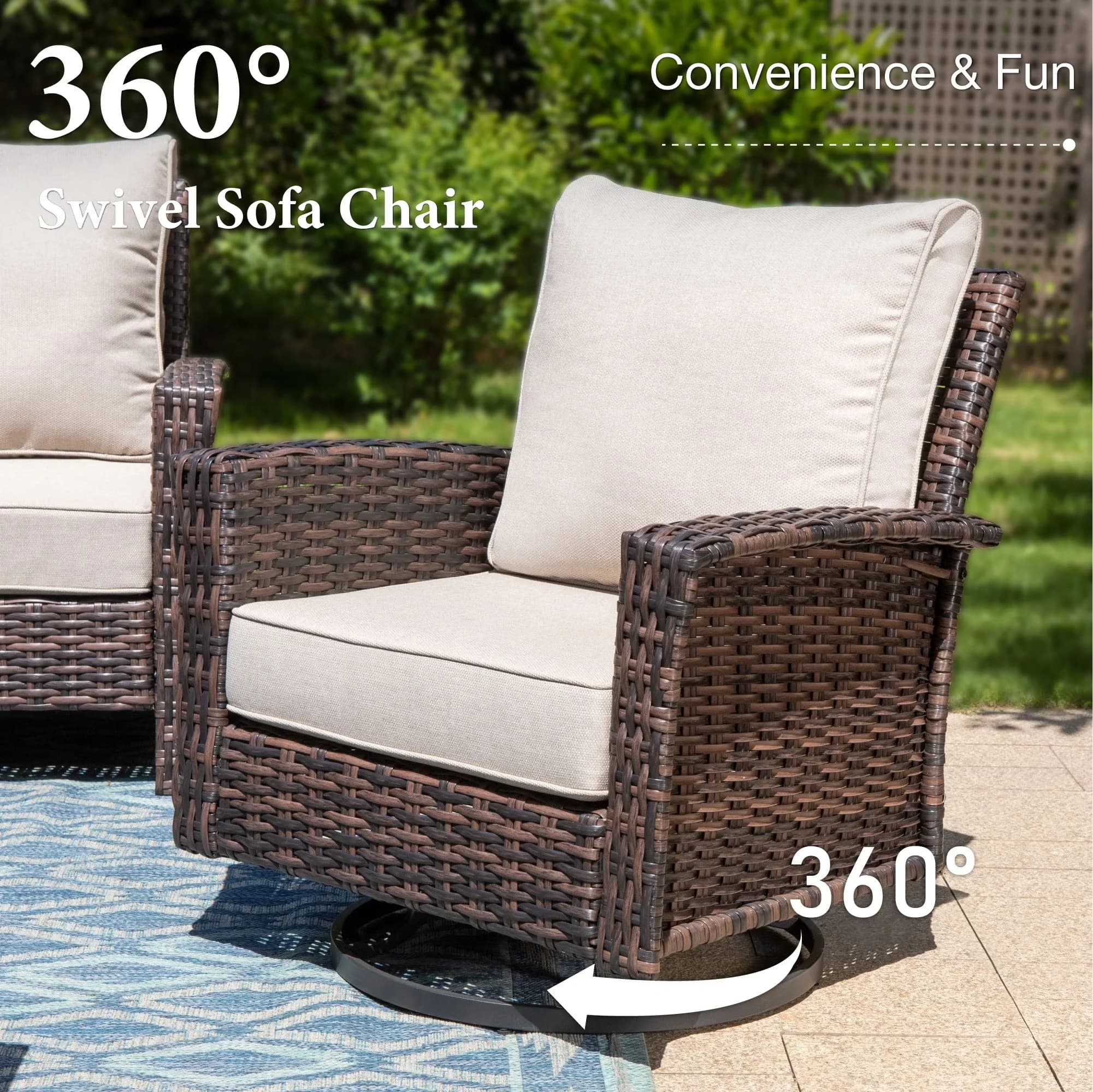 Patio Chair Stylish with Weather-Resistant, Modern, 2-Piece Outdoor Swivel Chairs - Beige Metal Steel & Wicker for Garden Model D0BE78