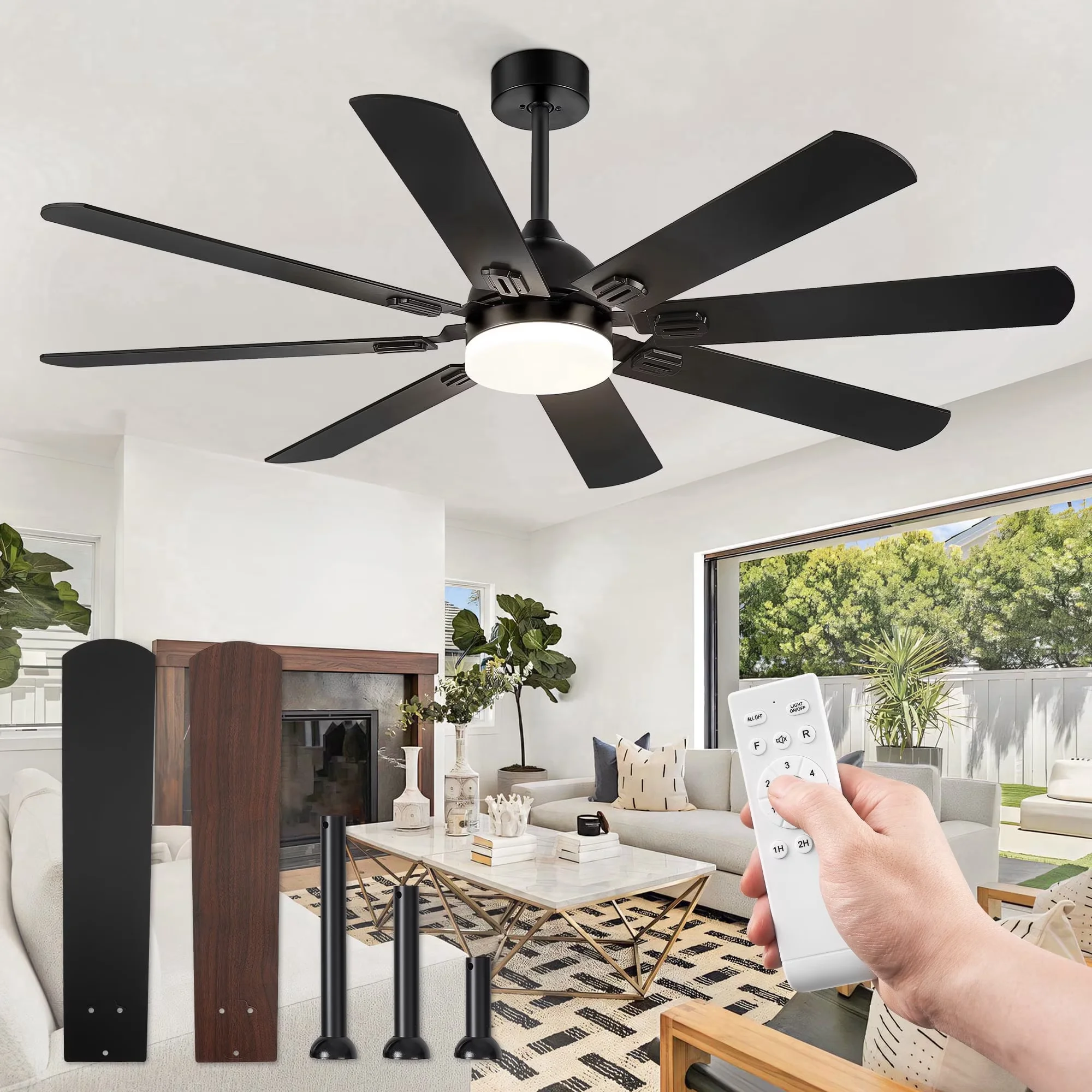 Essential Ceiling Fan with LED, Reversible Blades, Modern - No Shade Black Model 56A702