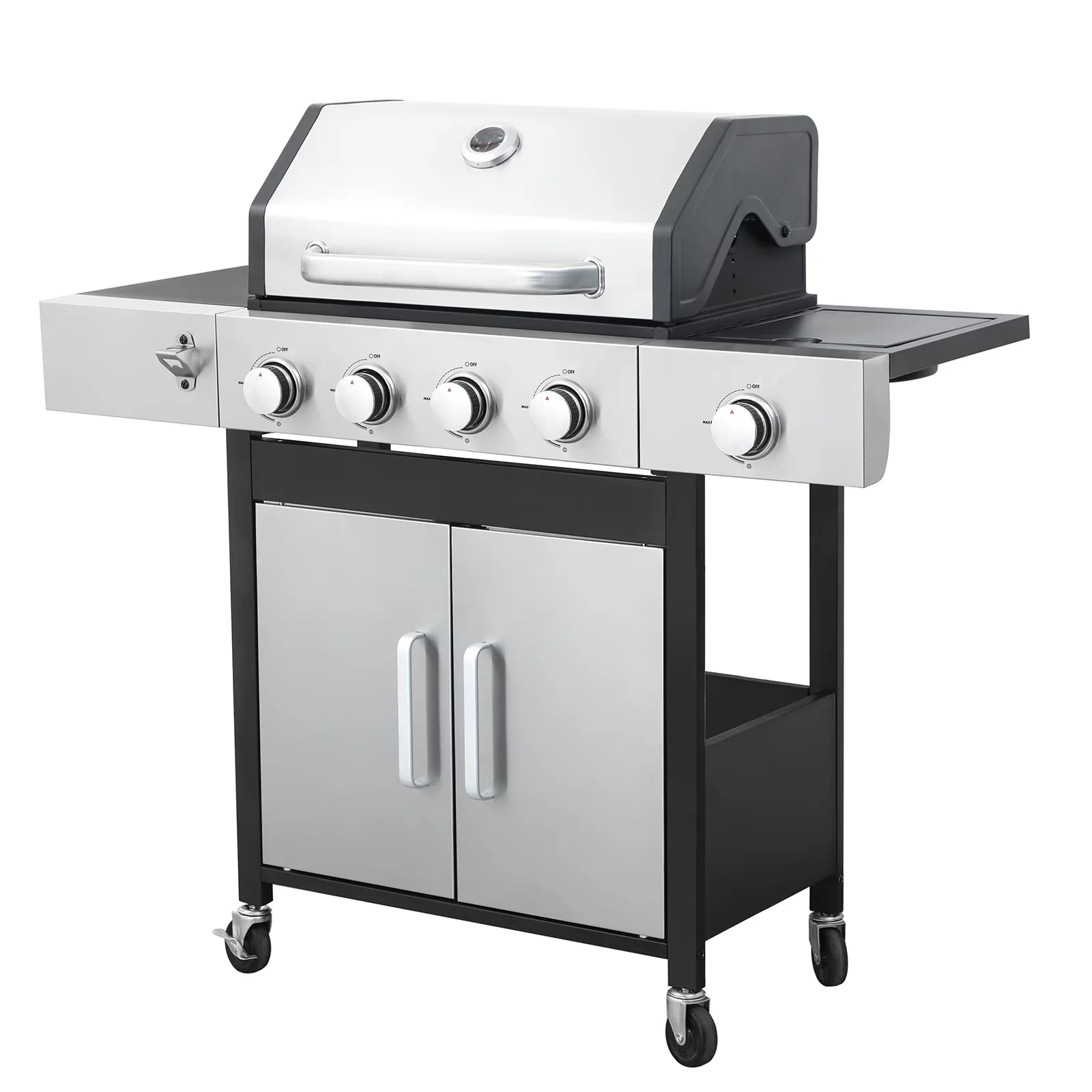 Stylish Gas Grill with 46790 BTU, Rust Resistant, Tool Holder - Silver Stainless Steel for Outdoor Model 74E46F