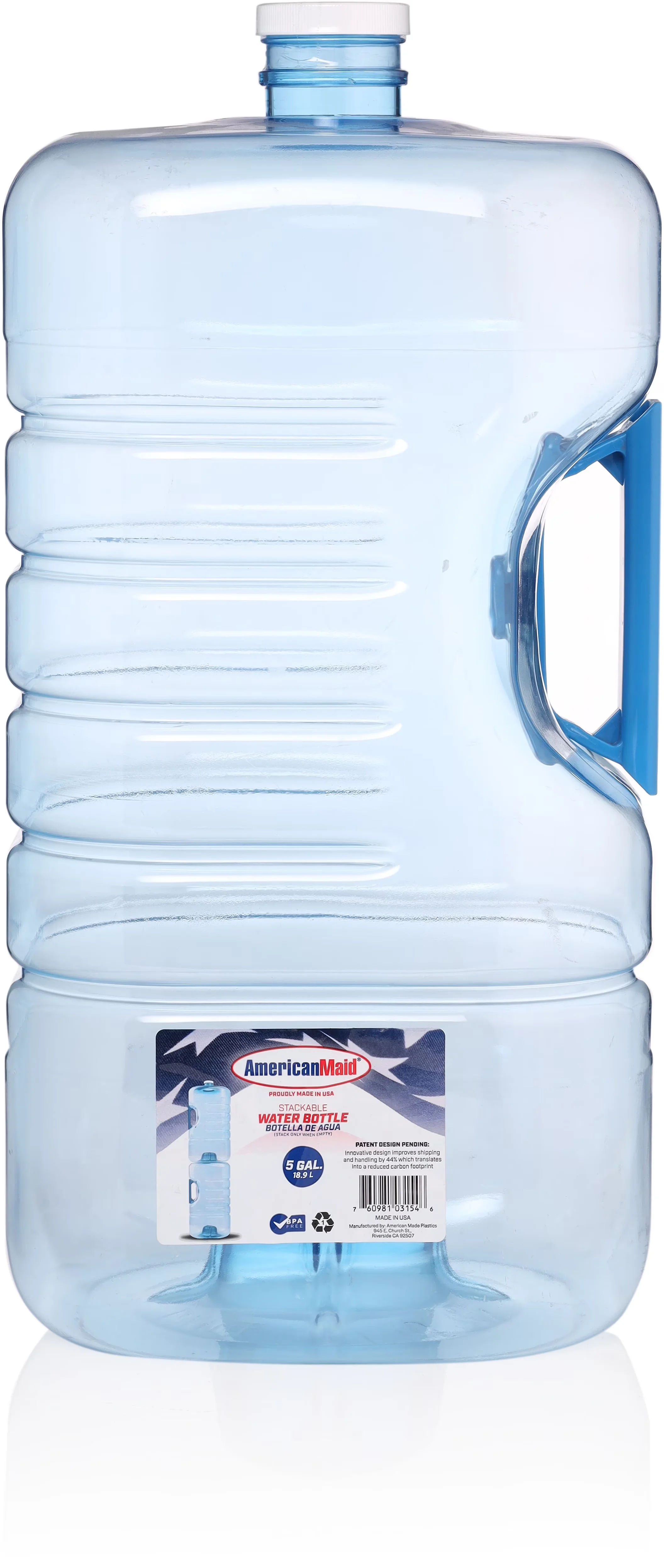 Water Filtration Reliable with 5 Gallon Stackable Bottle 640oz, Dims: 8.5x9x19, 53mm Screw Cap - Blue, Clear Plastic Model A60E76