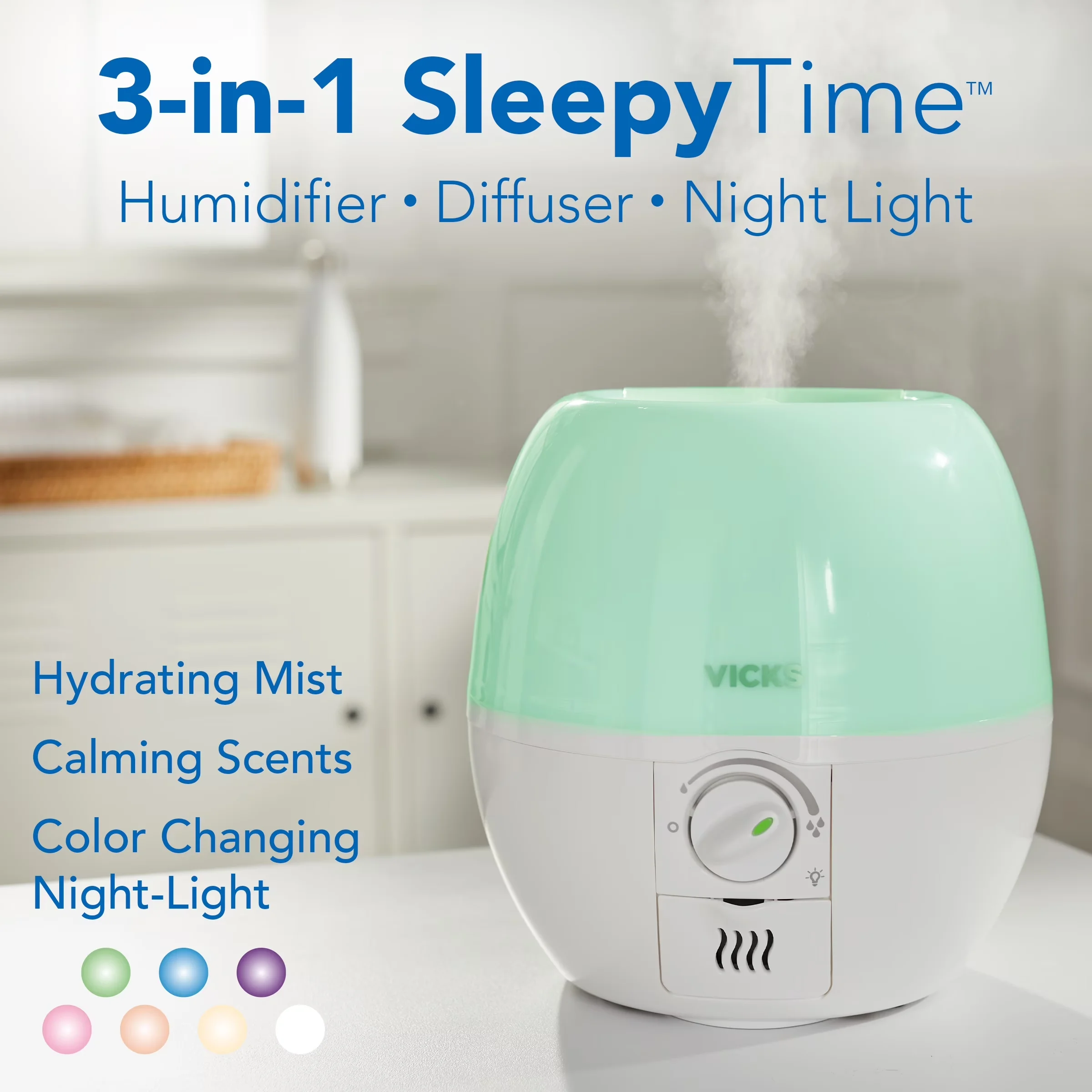 Classic Humidifier with Water Level Indicator, Oil Diffuser, 3-in-1 Sleepy Time Ultrasonic & Diffuser - White 0.6 gallon Model 18BB32