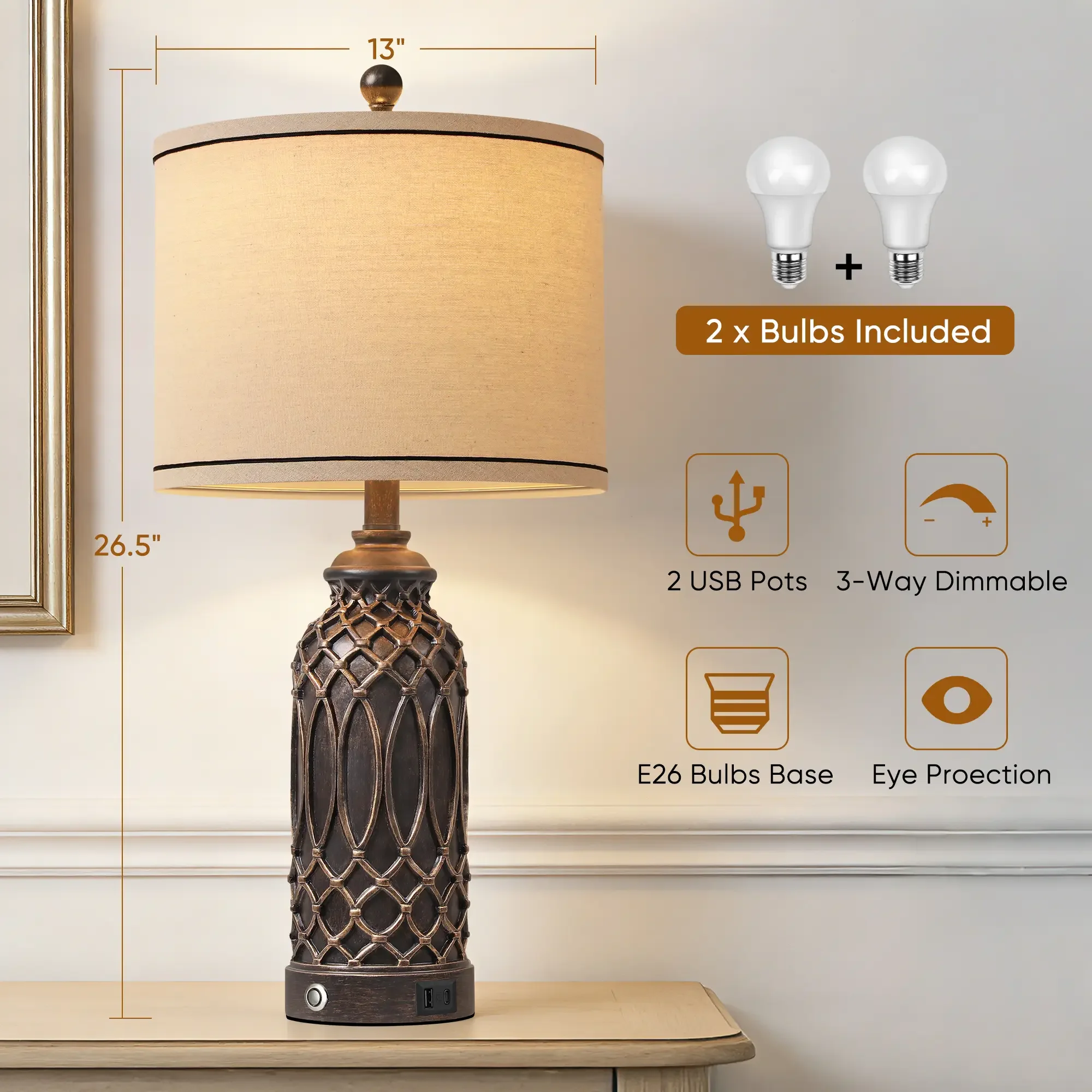 Essential Lamp Set with LED, Usb Port, Modern - Resin Black Farmhouse - Premium Collection Model 5D6571