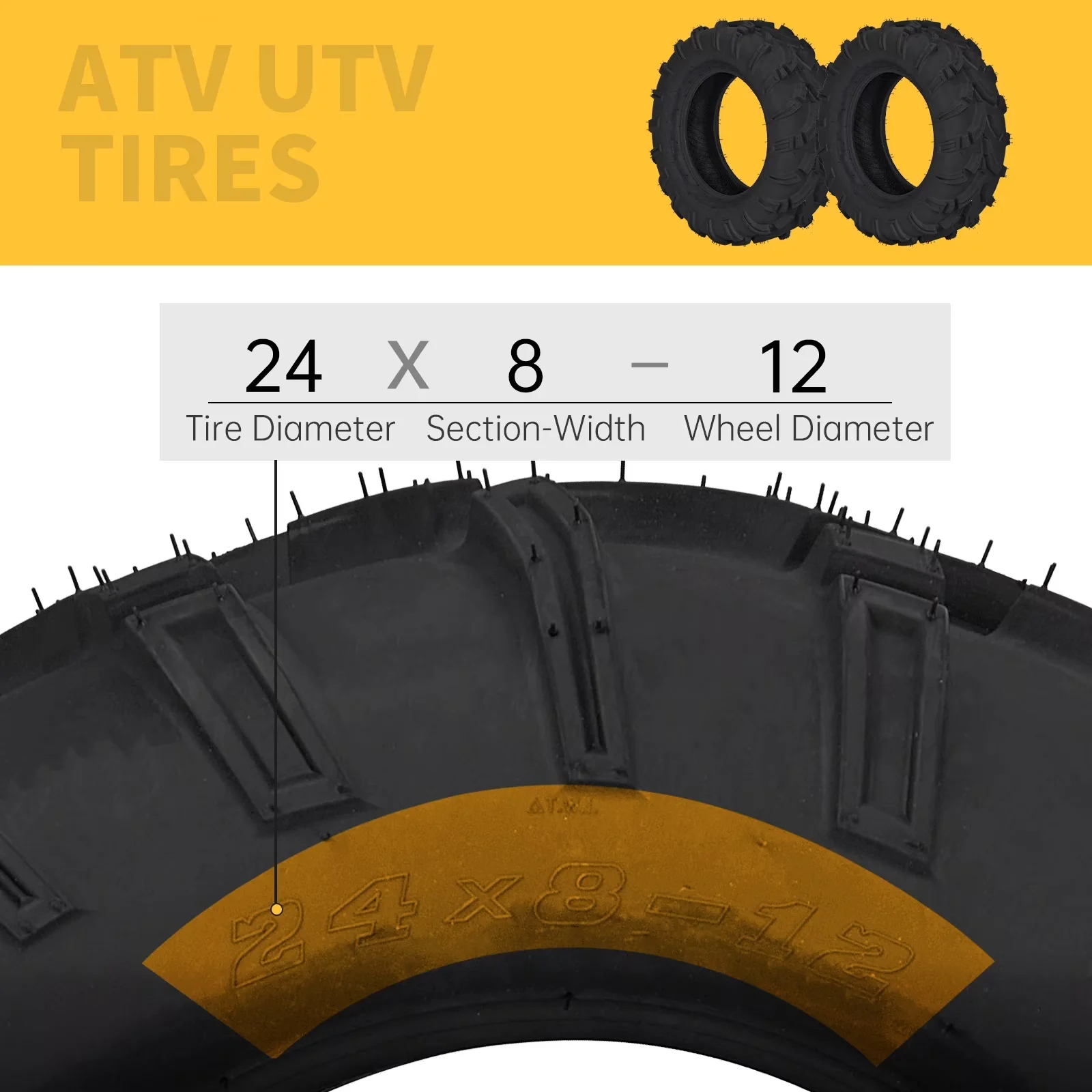 Innovative Atv Tire with Heavy-Duty, Set of 2 24x8-12 & UTV All Terrain Tires, 6 Ply Tubeless Mud Trail Tires - Model D41844
