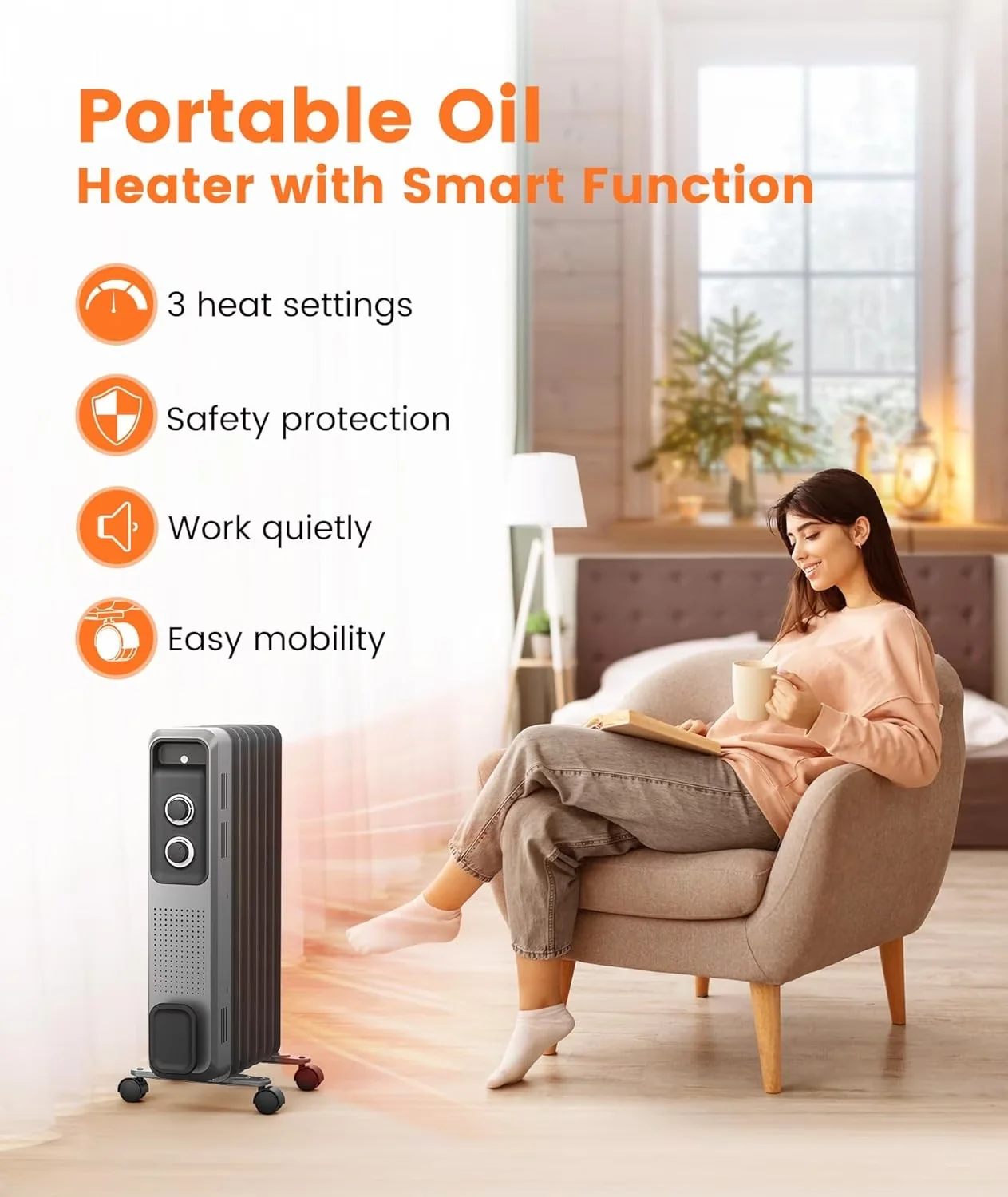 Professional Portable And Electric Space Heater with 1500W, Adjustable, Oil Filled 1500W - Black for Indoor Model 2D5129