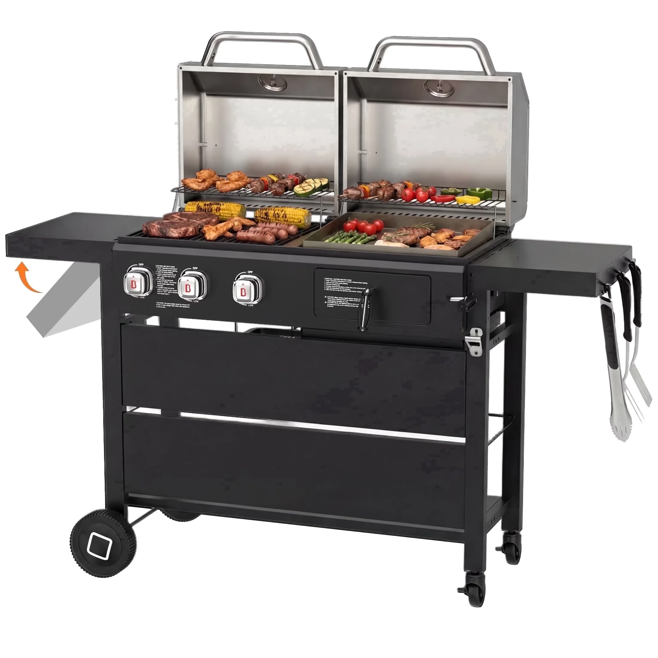 Combo Grill Efficient with Grease Pan, Adjustable Air Vents, Adjustable Charcoal Tray - Steel Model D5009D